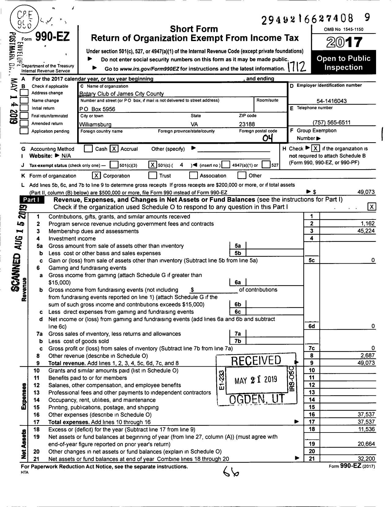 Image of first page of 2017 Form 990EO for Rotary International - James City County Rotary Club