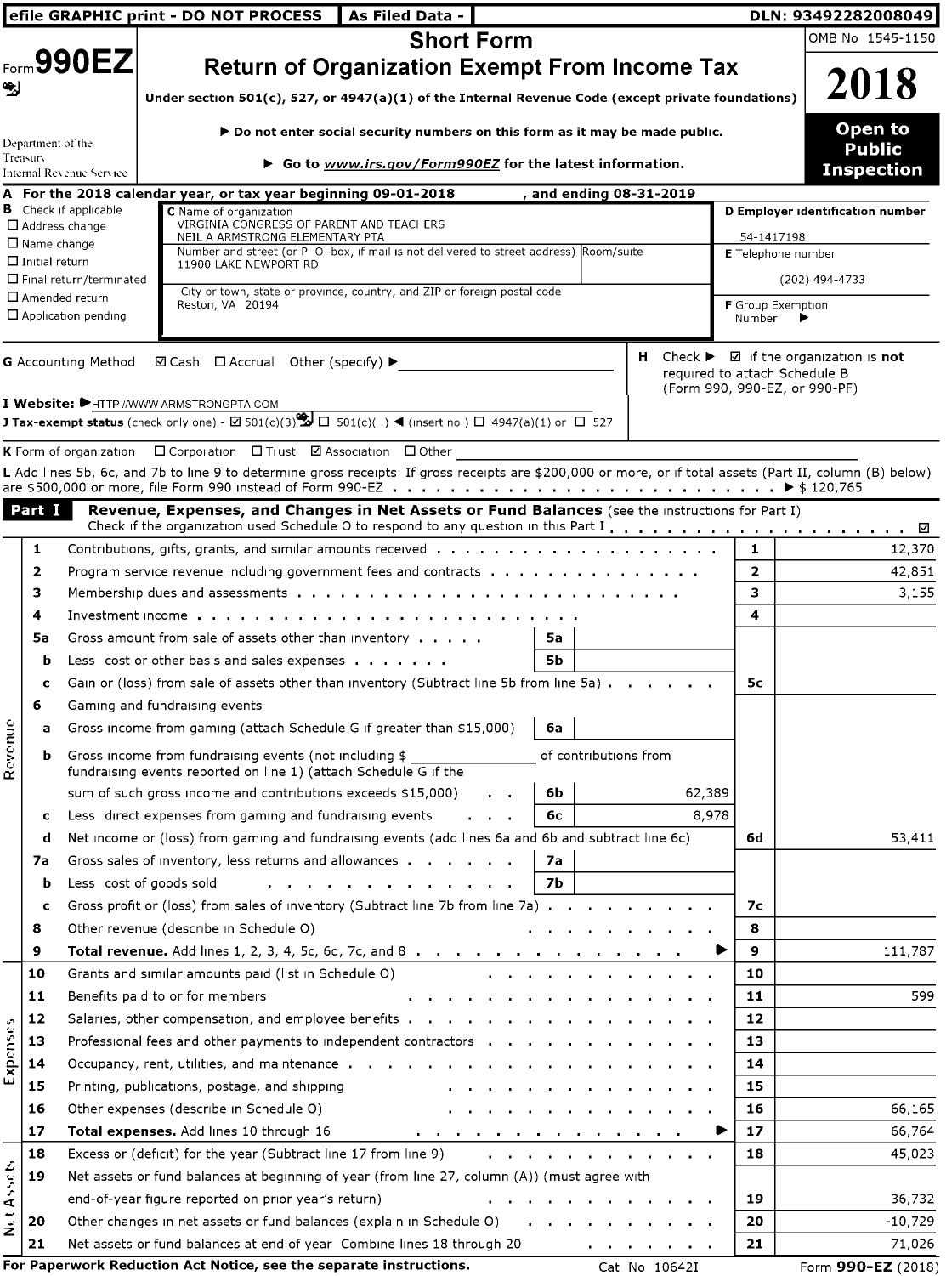 Image of first page of 2018 Form 990EZ for Virginia PTA - Neil A Armstrong Elementary PTA