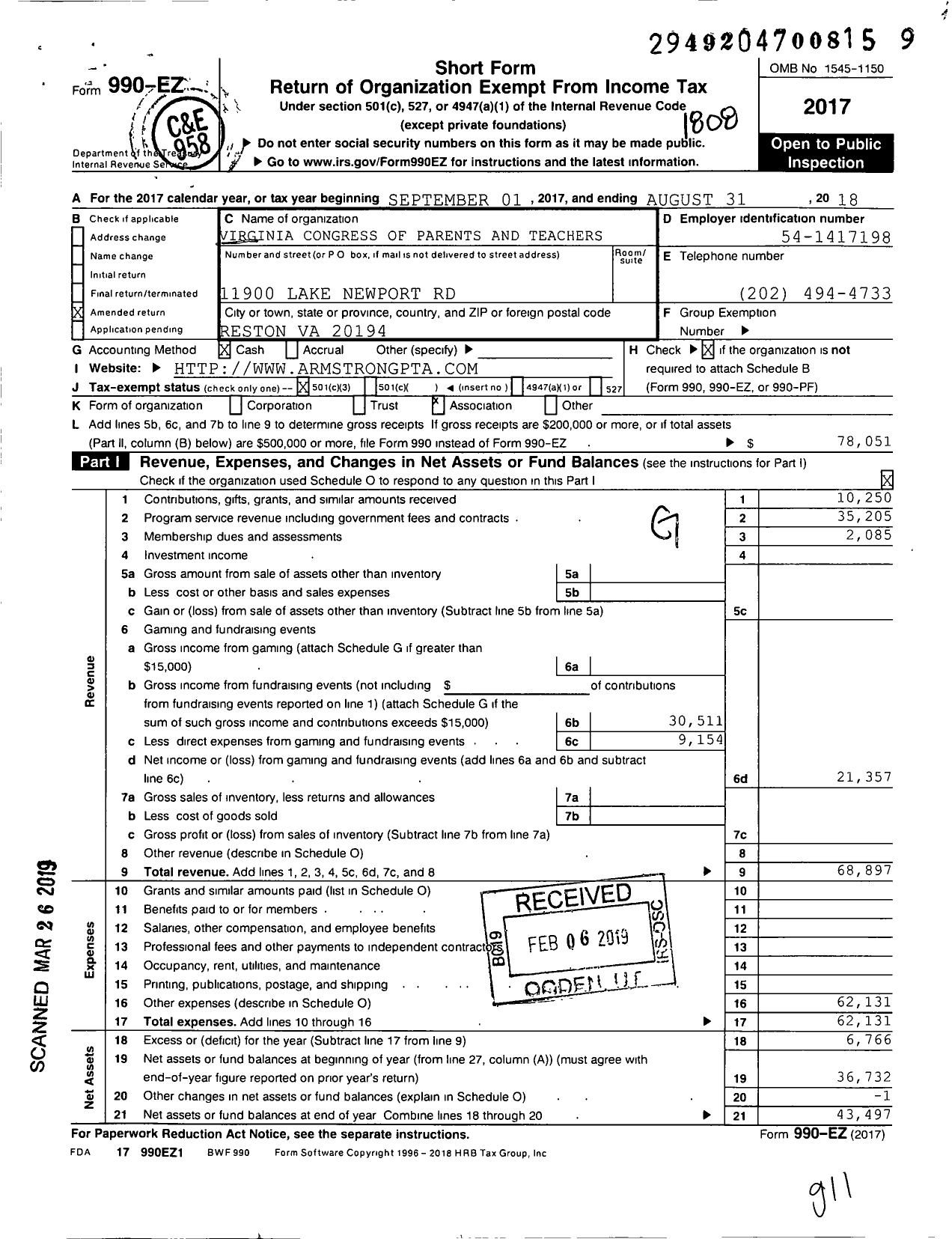 Image of first page of 2017 Form 990EZ for Virginia PTA - Neil A Armstrong Elementary PTA