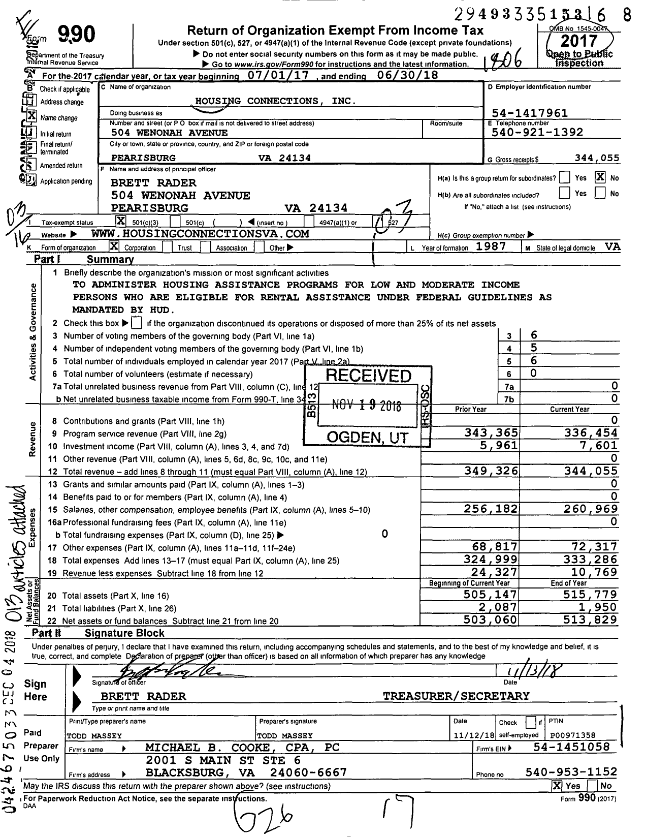 Image of first page of 2017 Form 990 for Housing Connections