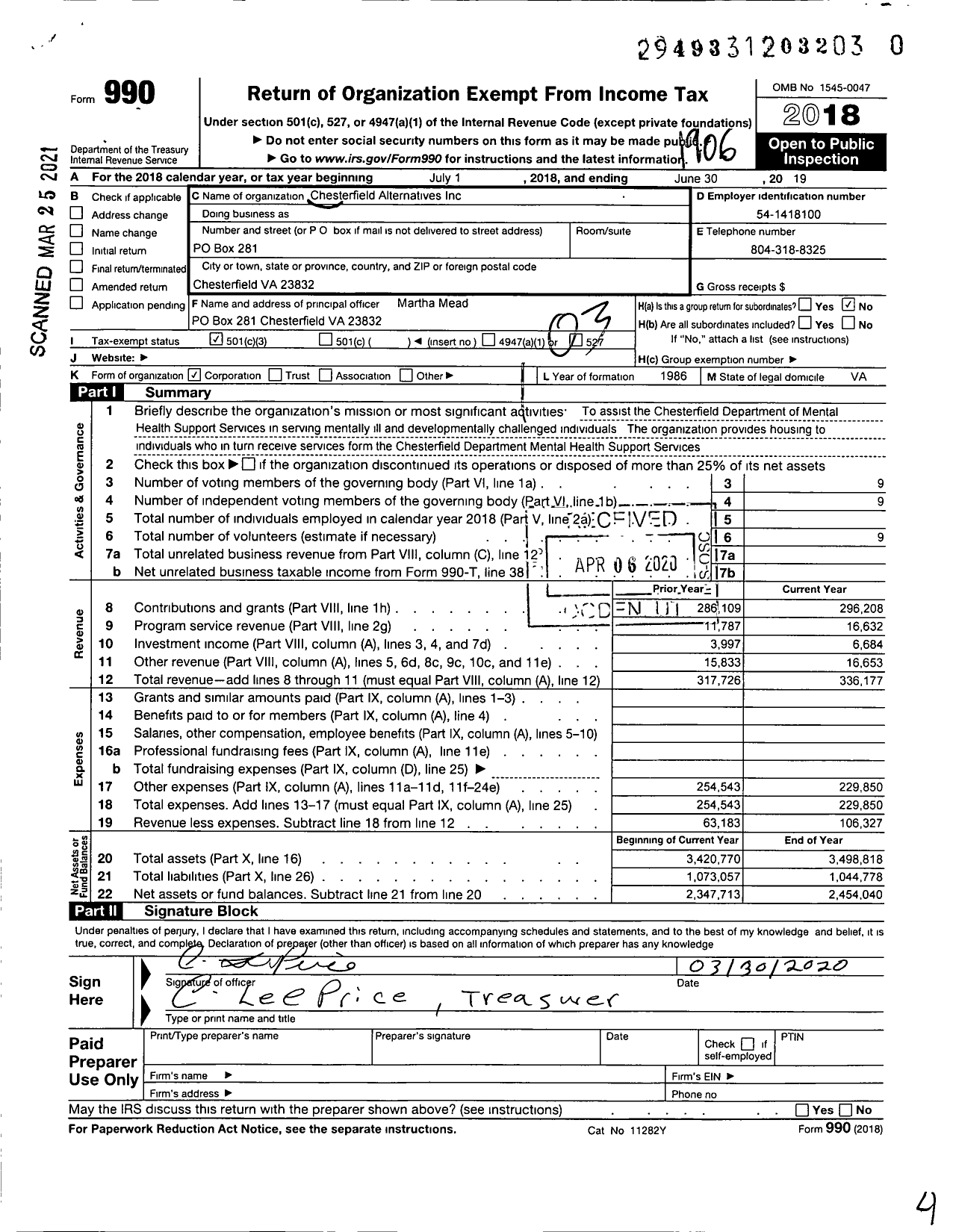 Image of first page of 2018 Form 990 for Chesterfield Alternatives