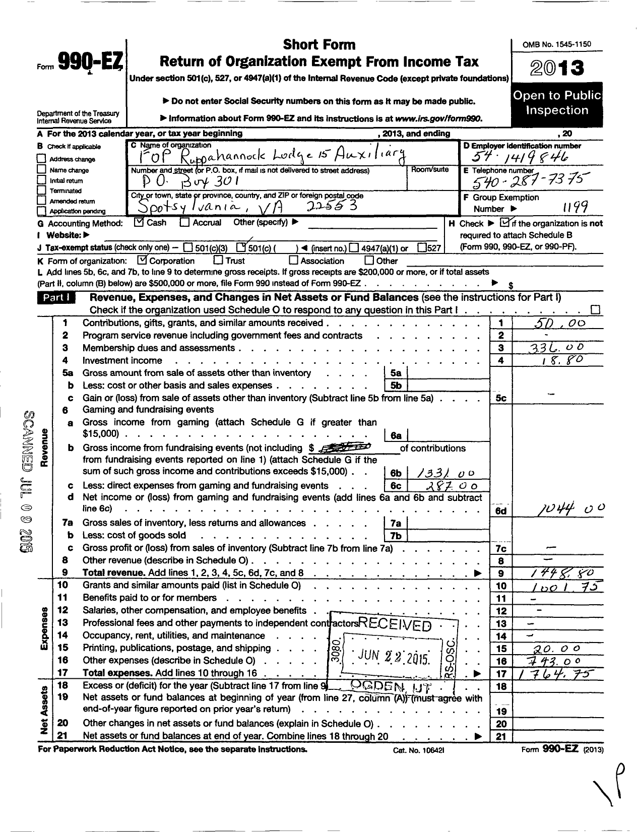 Image of first page of 2013 Form 990EO for Fraternal Order of Police - 15 Fop Rappahannock Area Lodge Aux