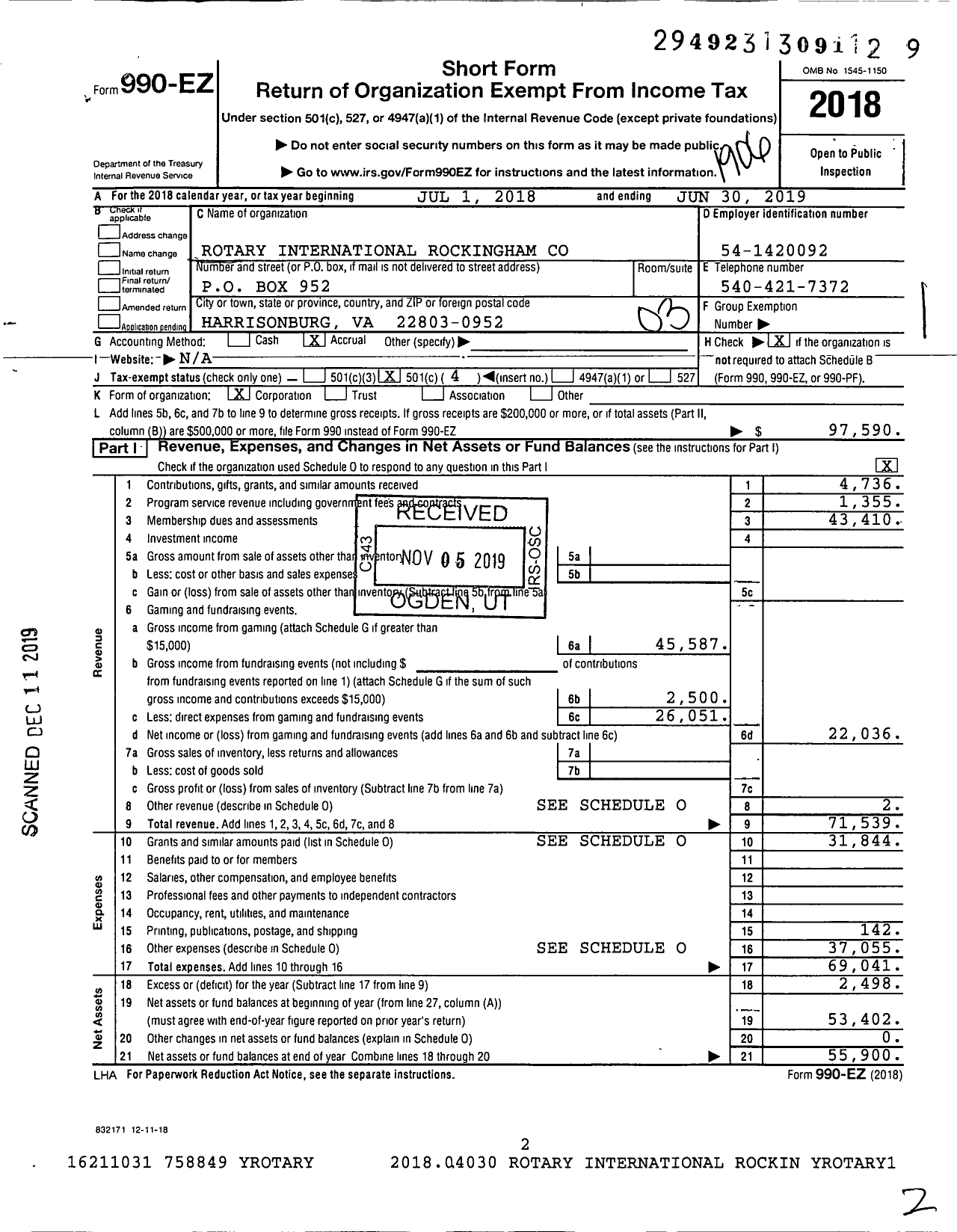 Image of first page of 2018 Form 990EZ for Rotary International - Rockingham Co