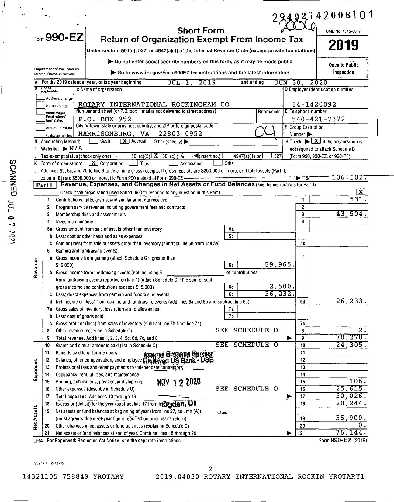 Image of first page of 2019 Form 990EO for Rotary International - Rockingham Co