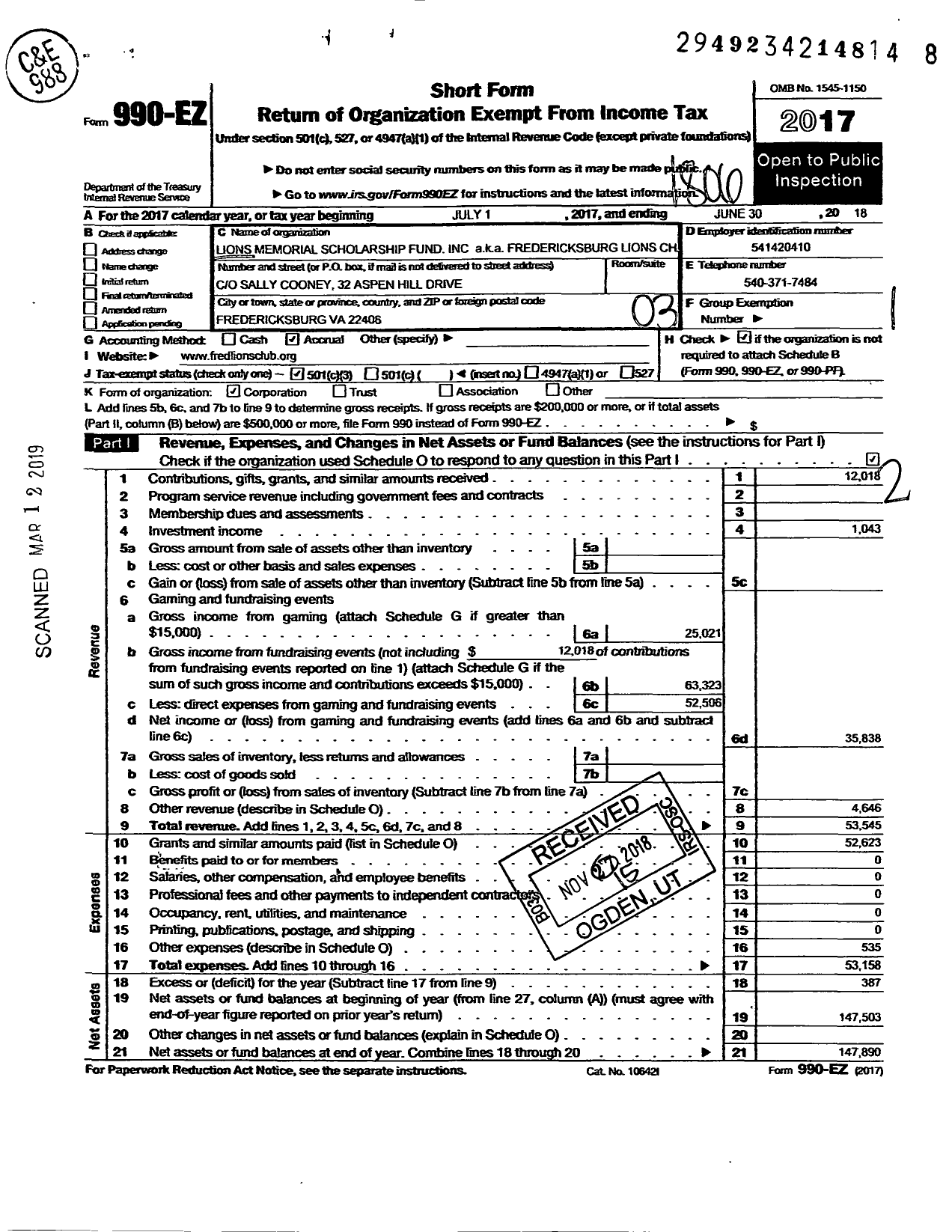 Image of first page of 2017 Form 990EZ for Lions Memorial Scholarship Fund