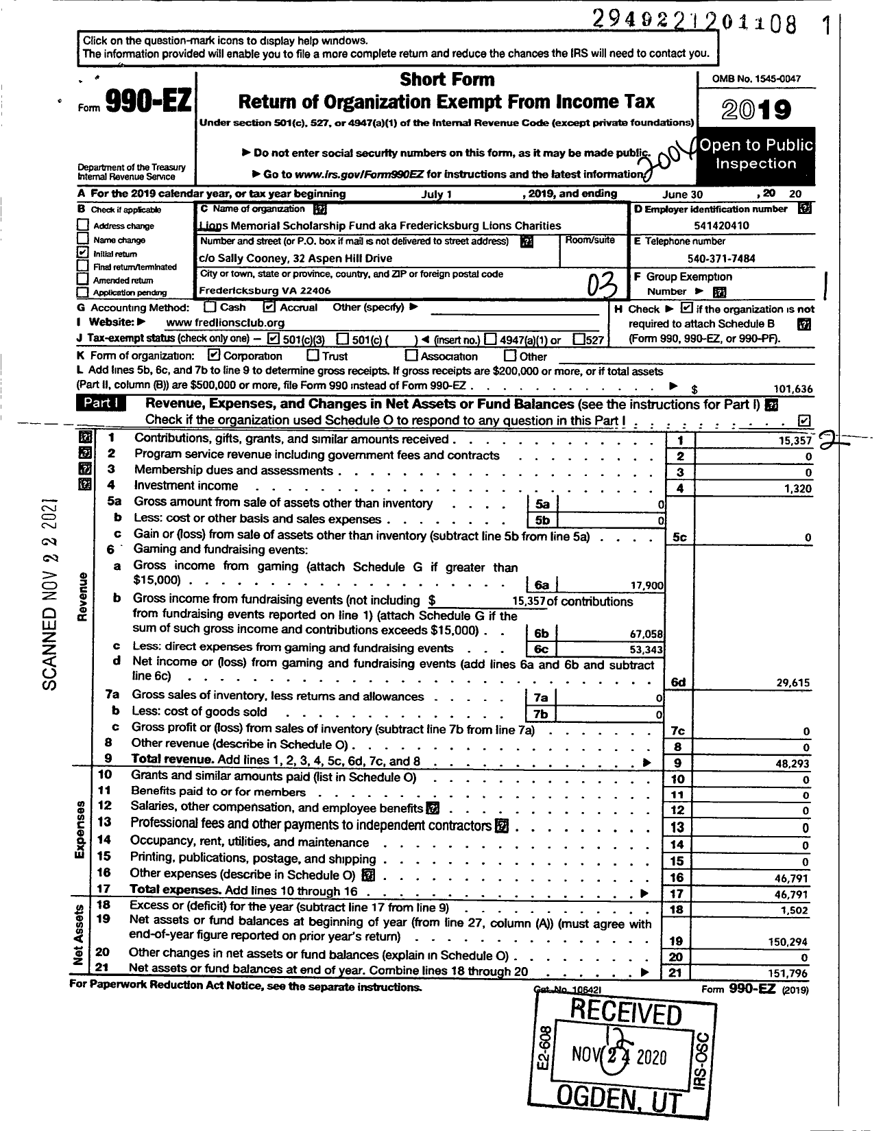 Image of first page of 2019 Form 990EZ for Lions Memorial Scholarship Fund