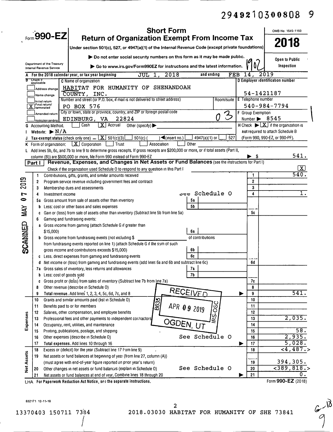 Image of first page of 2018 Form 990EZ for Habitat for Humanity - Shenandoah County HFH