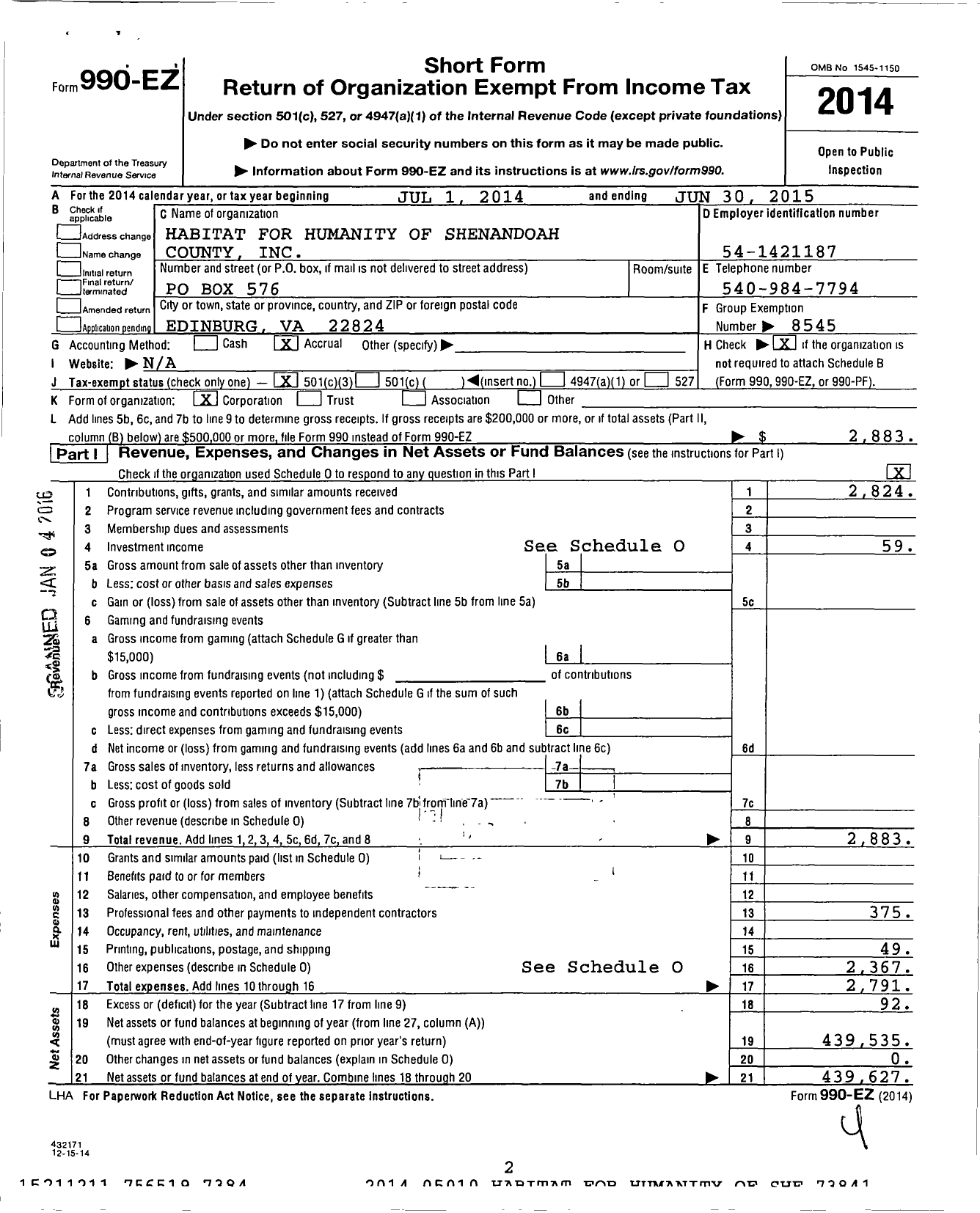 Image of first page of 2014 Form 990EZ for Habitat for Humanity - Shenandoah County HFH