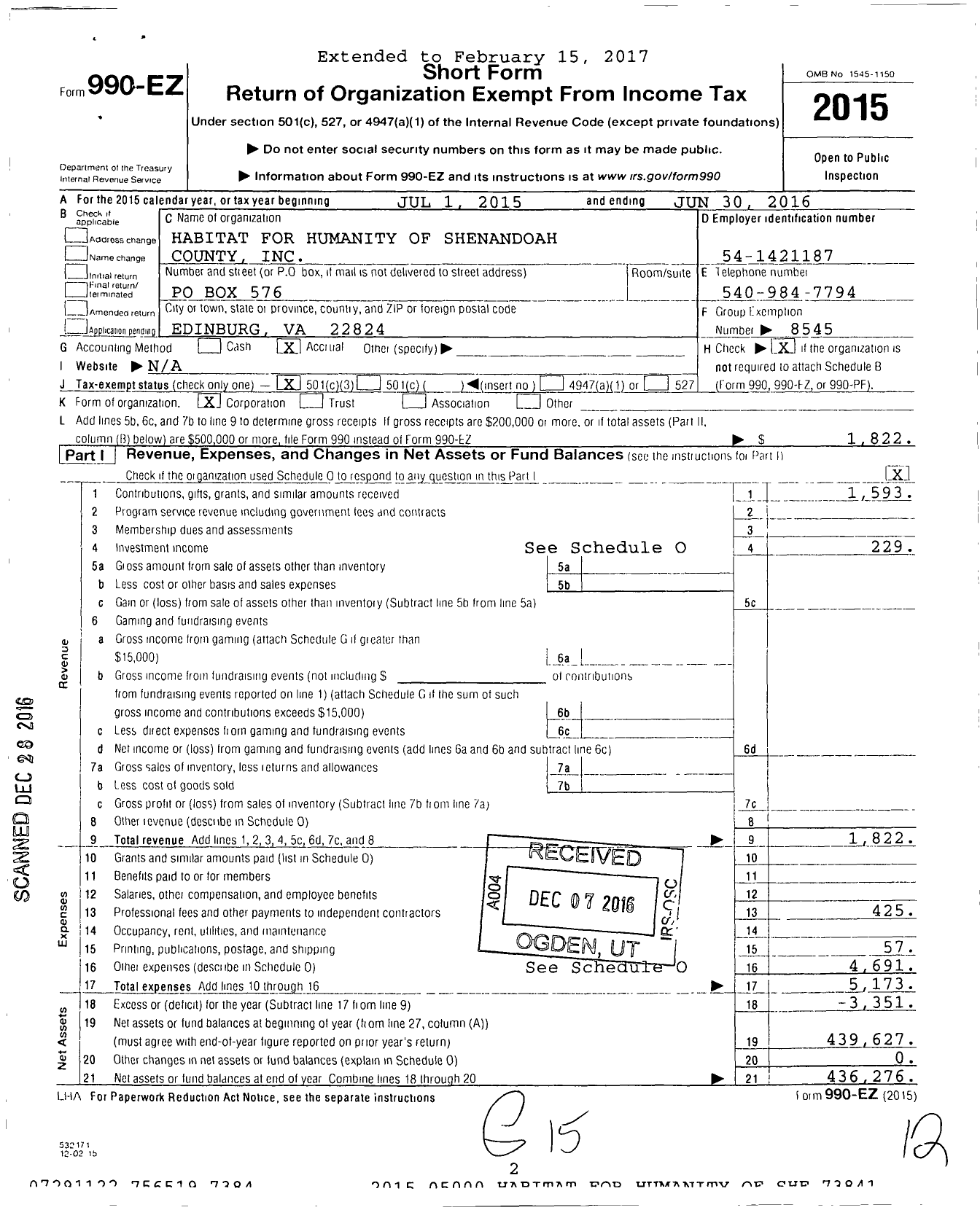 Image of first page of 2015 Form 990EZ for Habitat for Humanity - Shenandoah County HFH