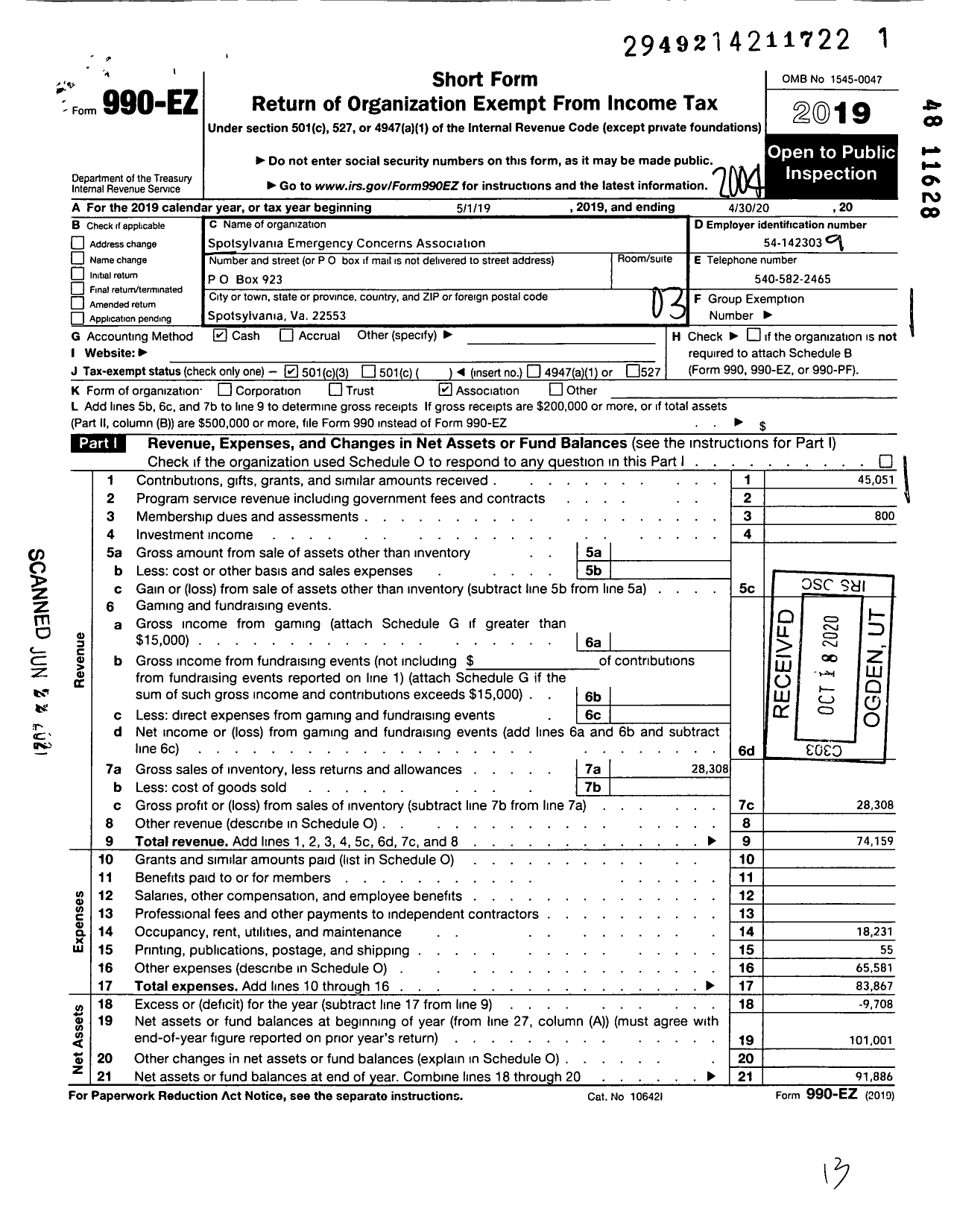 Image of first page of 2019 Form 990EZ for Spotsylvania Emergency Concerns Association