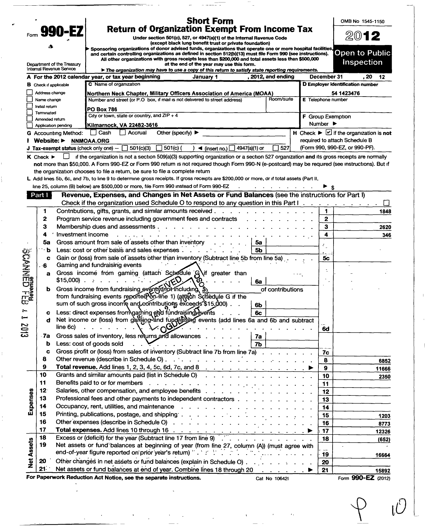 Image of first page of 2012 Form 990EO for William L Spickzza Col USA Ret Treasurer