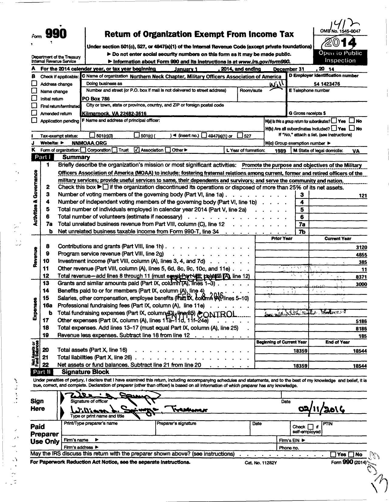 Image of first page of 2014 Form 990O for William L Spickzza Col USA Ret Treasurer