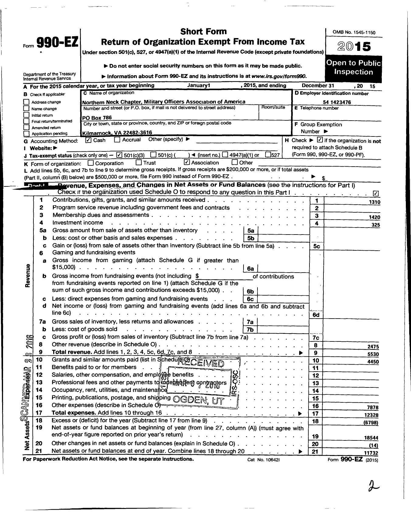 Image of first page of 2015 Form 990EZ for William L Spickzza Col USA Ret Treasurer