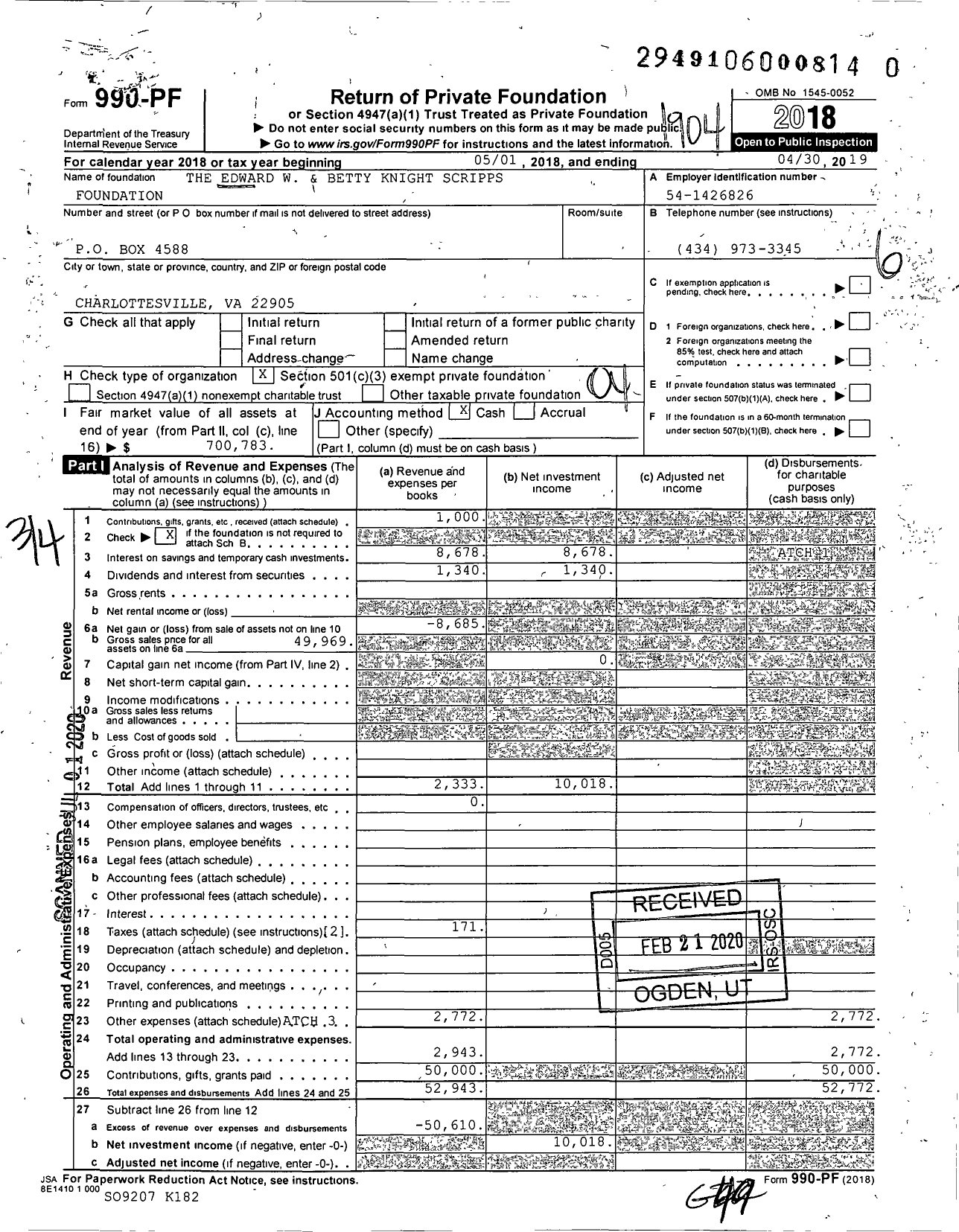 Image of first page of 2018 Form 990PR for The Edward W & Betty Knight Scripps Foundation