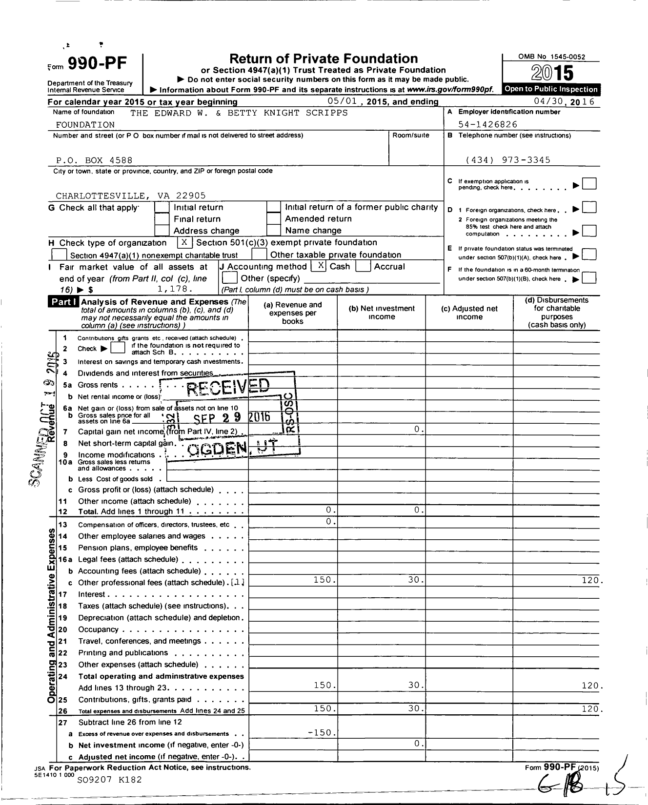 Image of first page of 2015 Form 990PF for The Edward W & Betty Knight Scripps Foundation