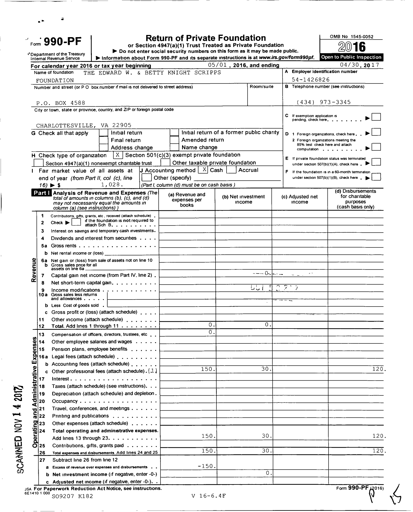 Image of first page of 2016 Form 990PF for The Edward W & Betty Knight Scripps Foundation