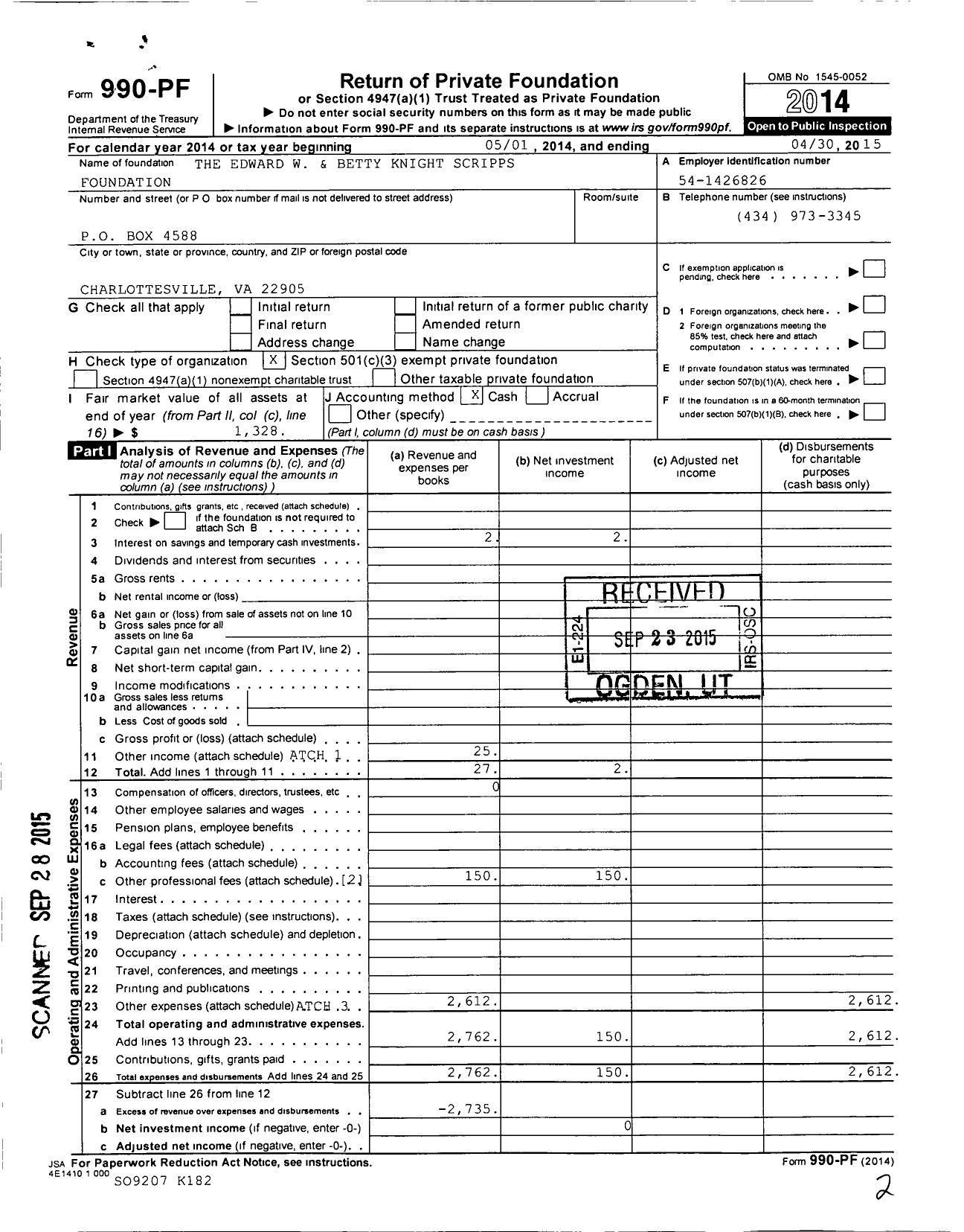 Image of first page of 2014 Form 990PF for The Edward W & Betty Knight Scripps Foundation