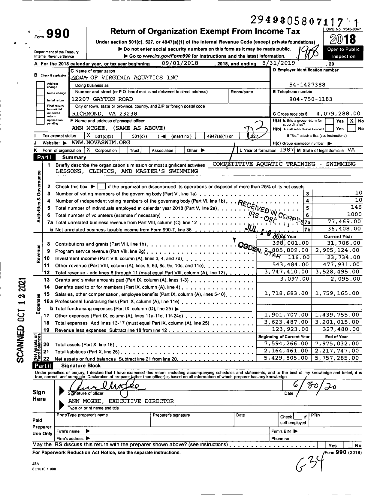 Image of first page of 2018 Form 990 for NOVA of Virginia Aquatics