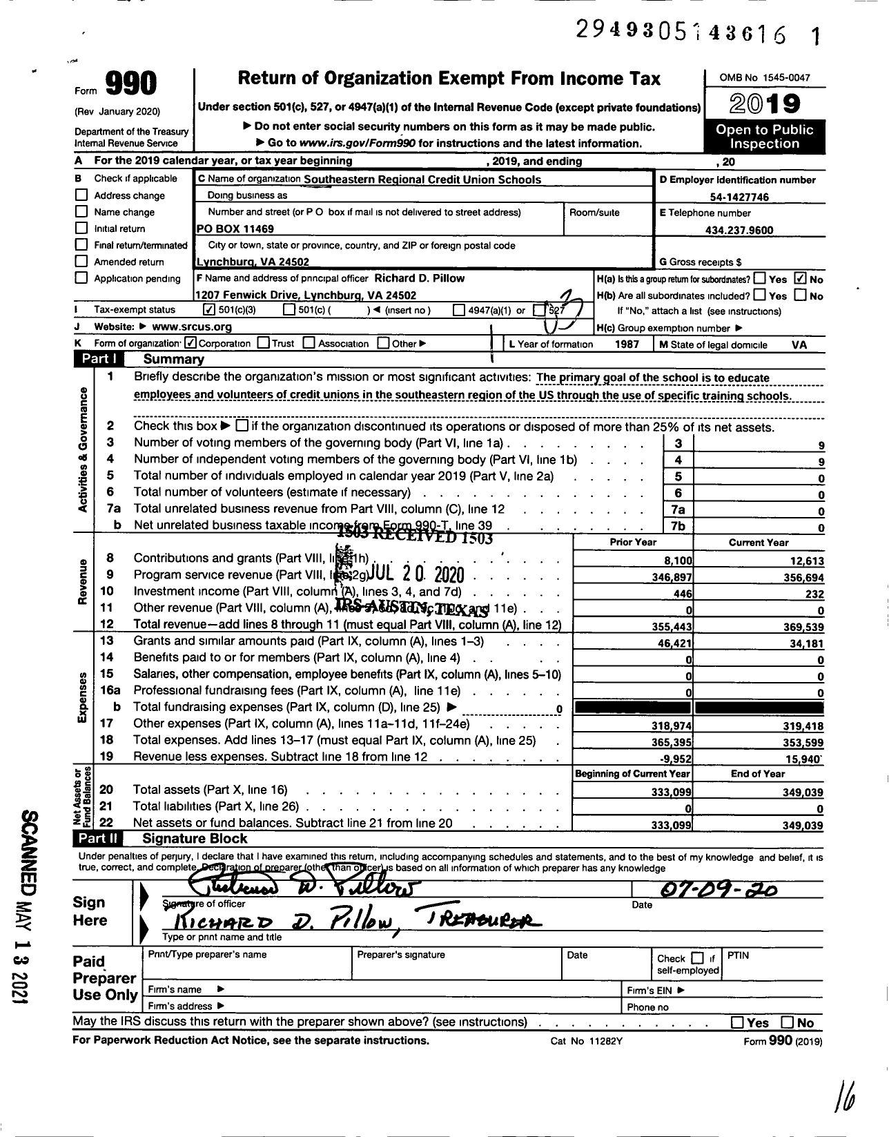 Image of first page of 2019 Form 990 for Southeastern Regional Credit Union Schools