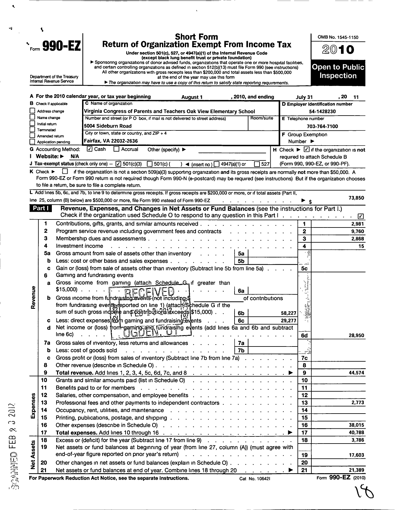 Image of first page of 2010 Form 990EZ for Virginia PTA - Oak View Elementary PTA