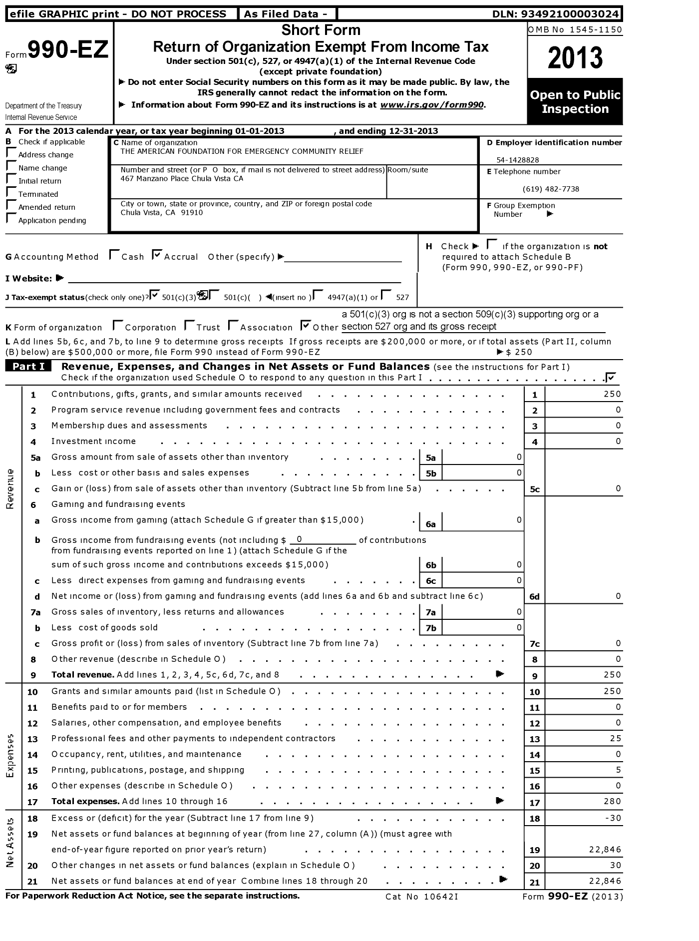 Image of first page of 2013 Form 990EZ for The American Foundation for Emergency Community Relief