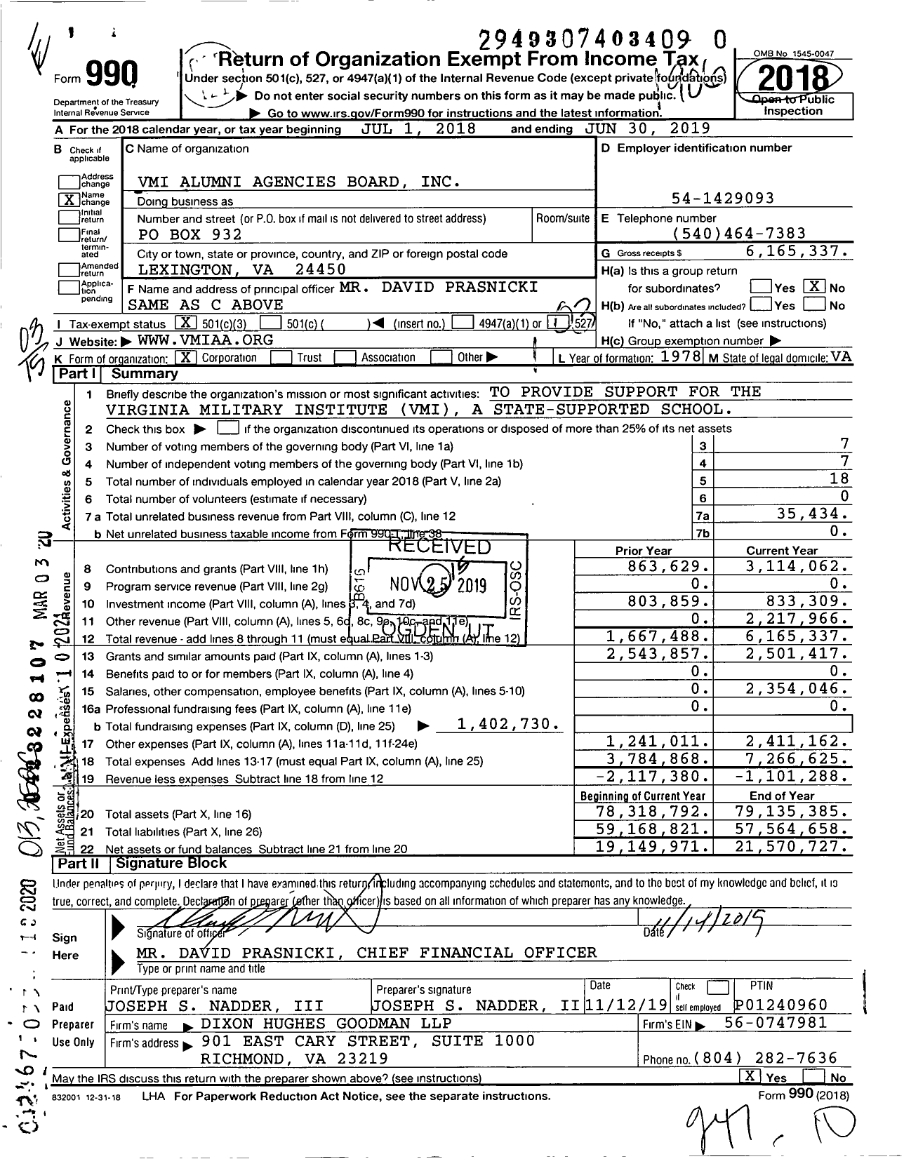 Image of first page of 2018 Form 990 for Vmi Alumni Agencies Board