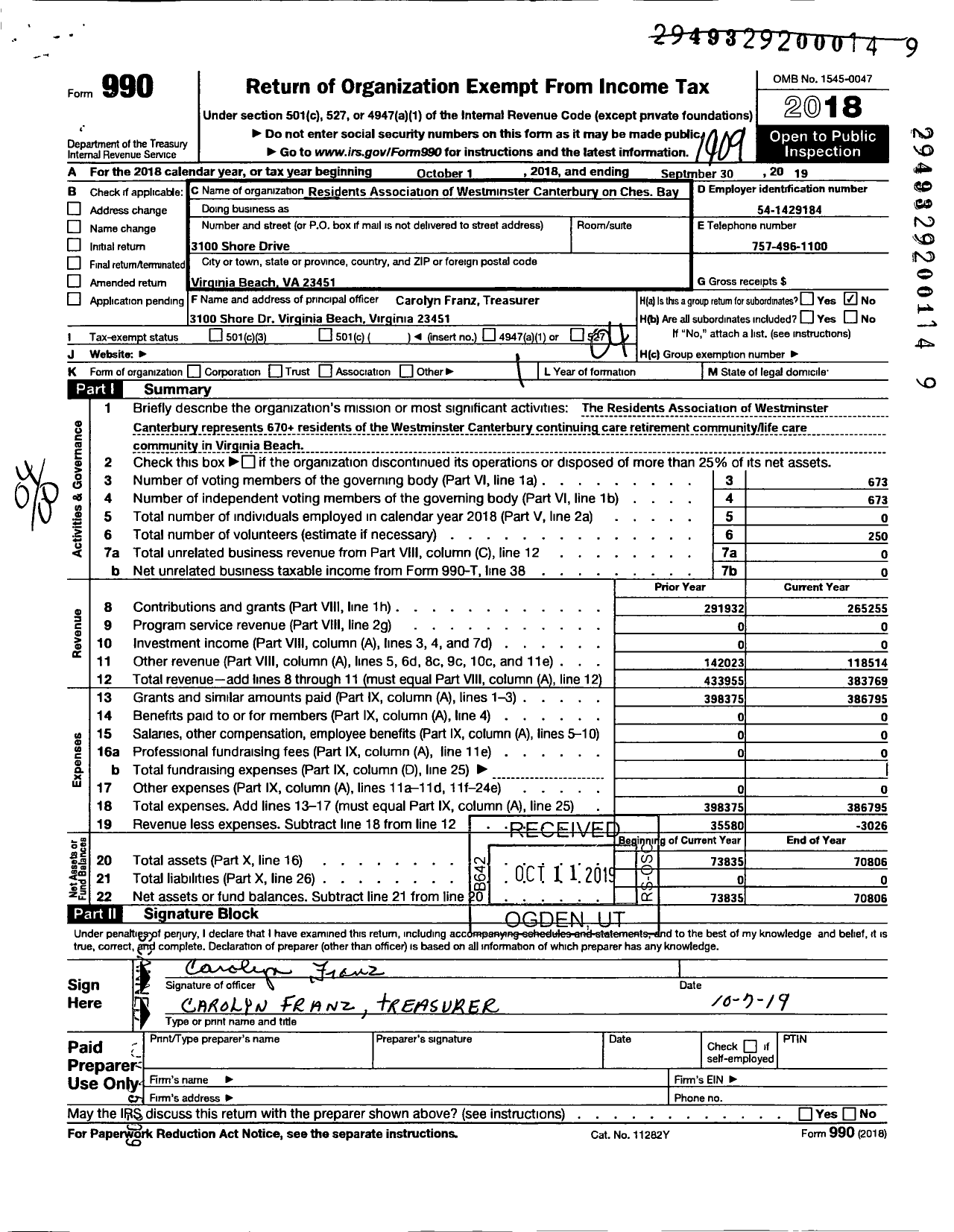 Image of first page of 2018 Form 990O for Residents Association of Westminister Canterbury in Va BCH