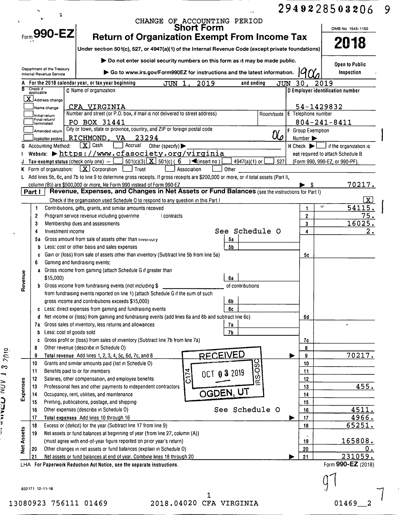 Image of first page of 2018 Form 990EO for Cfa Virginia