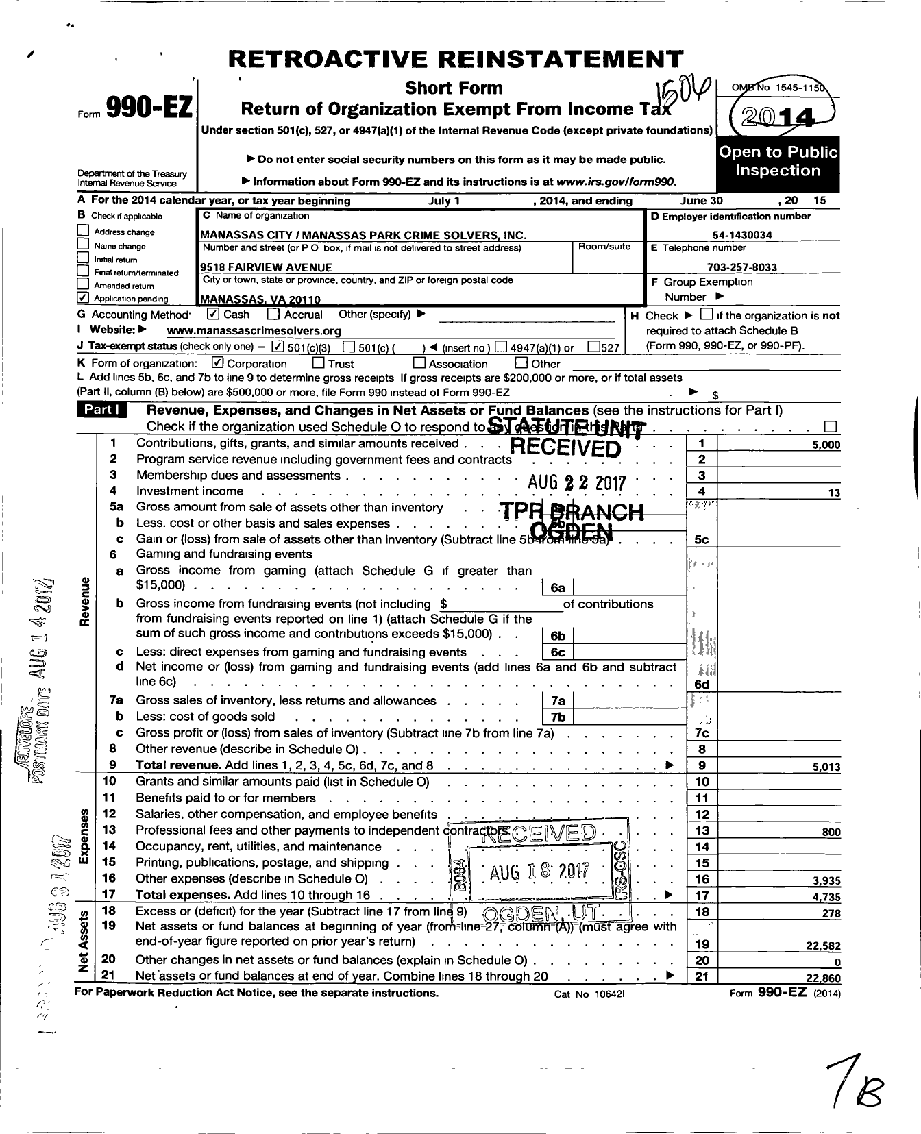 Image of first page of 2014 Form 990EZ for Manassas City Manassas Park Crime Solvers