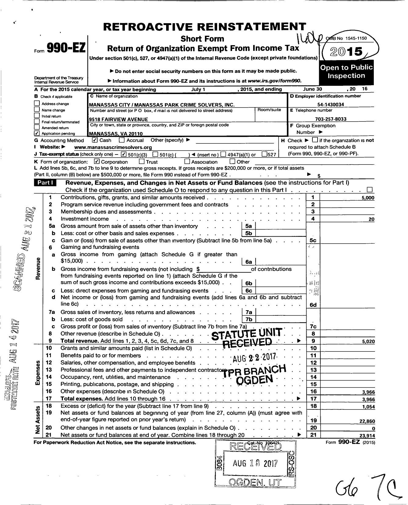 Image of first page of 2015 Form 990EZ for Manassas City Manassas Park Crime Solvers