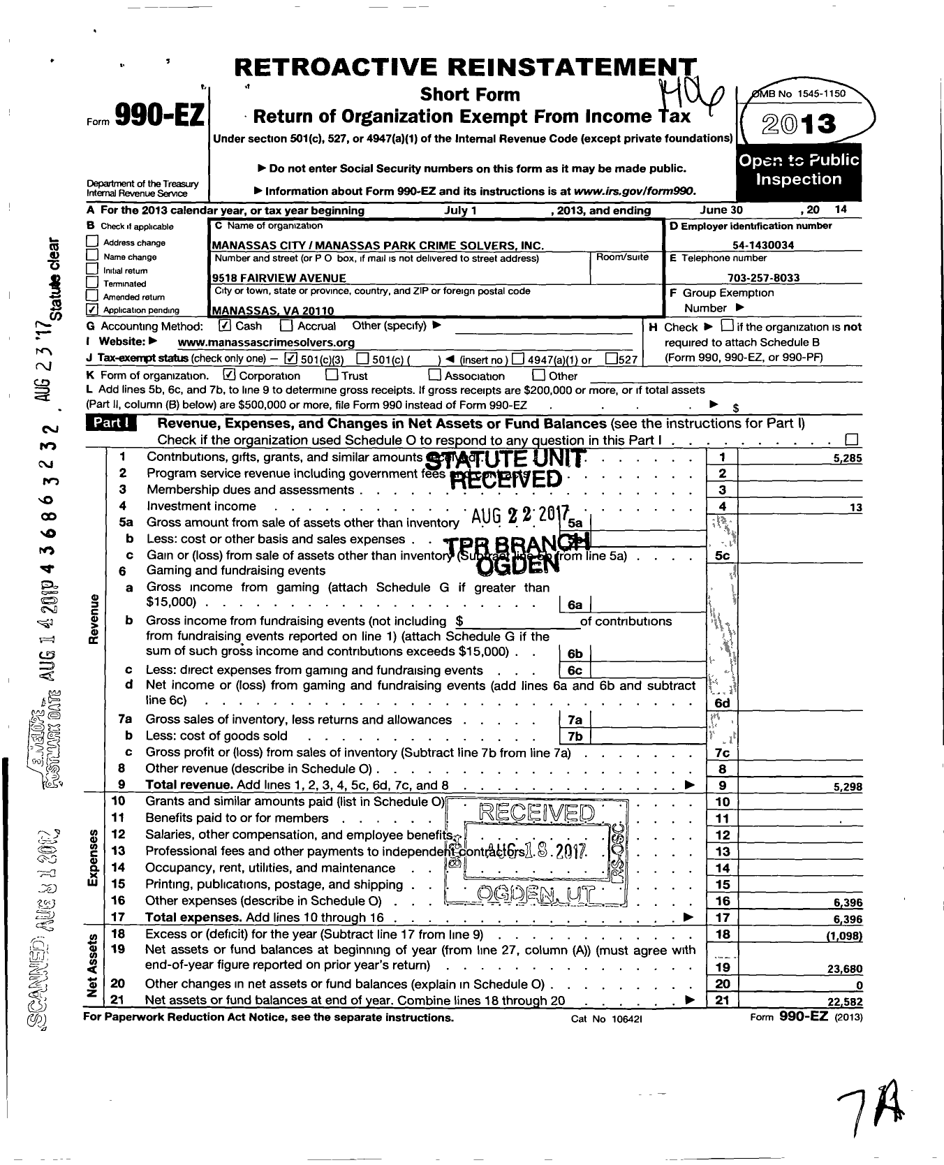 Image of first page of 2013 Form 990EZ for Manassas City Manassas Park Crime Solvers