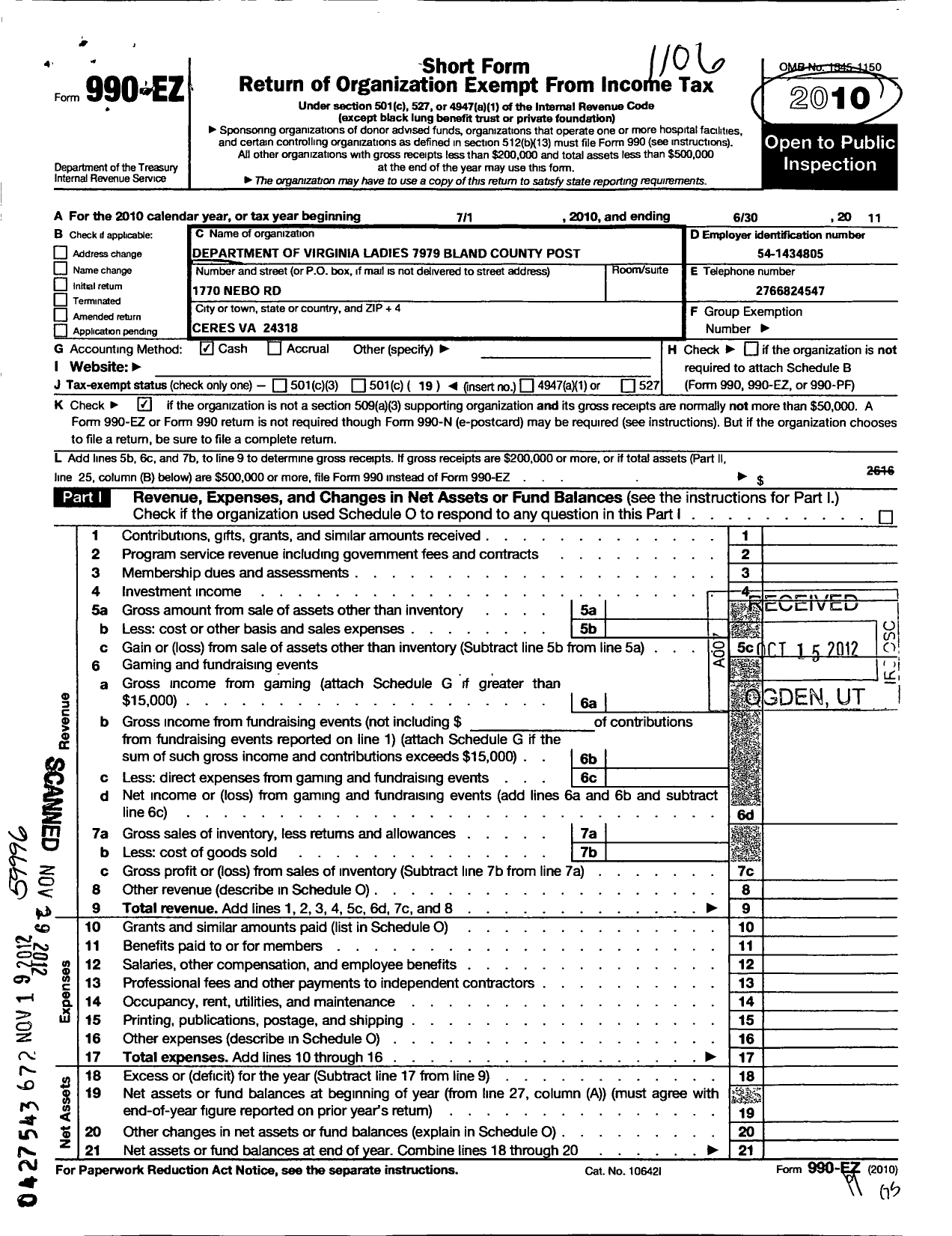 Image of first page of 2010 Form 990EO for VFW of the United States Auxiliary Department of Virginia - 7969 Bland County Memorial Auxiliar