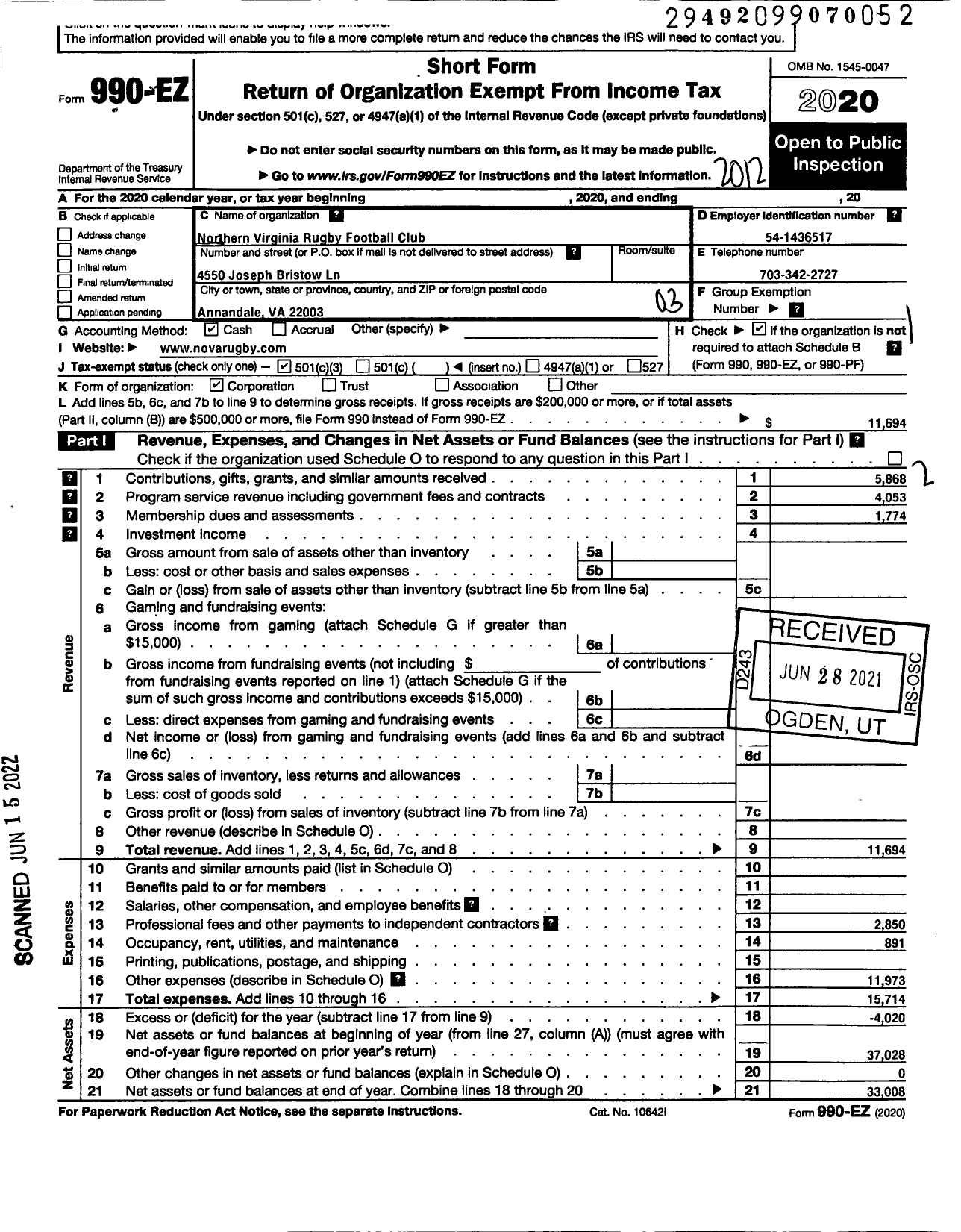 Image of first page of 2020 Form 990EZ for Northern Virginia Rugby Football Club