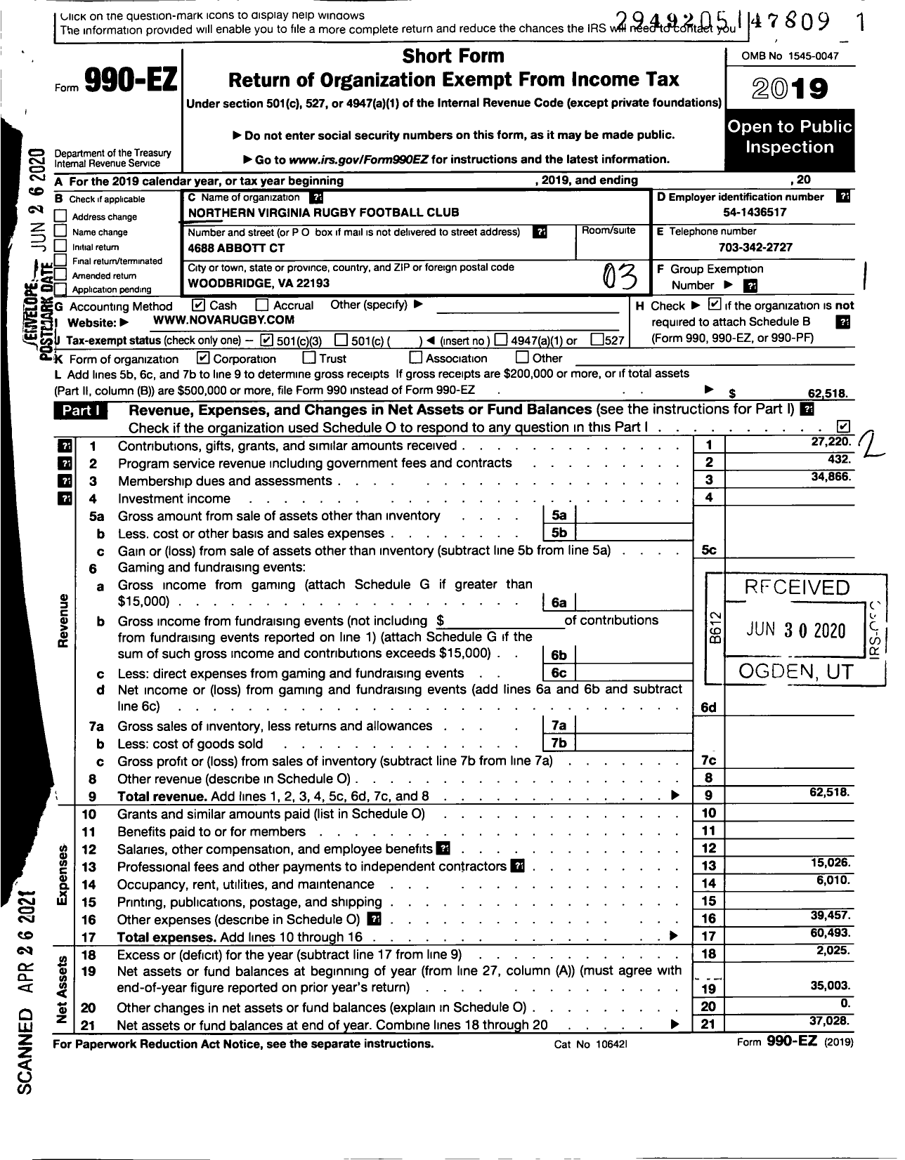 Image of first page of 2019 Form 990EZ for Northern Virginia Rugby Football Club