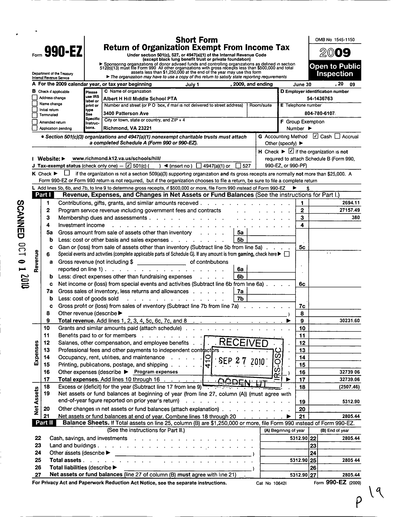 Image of first page of 2008 Form 990EO for Virginia PTA - Albert H Hill Middle PTA