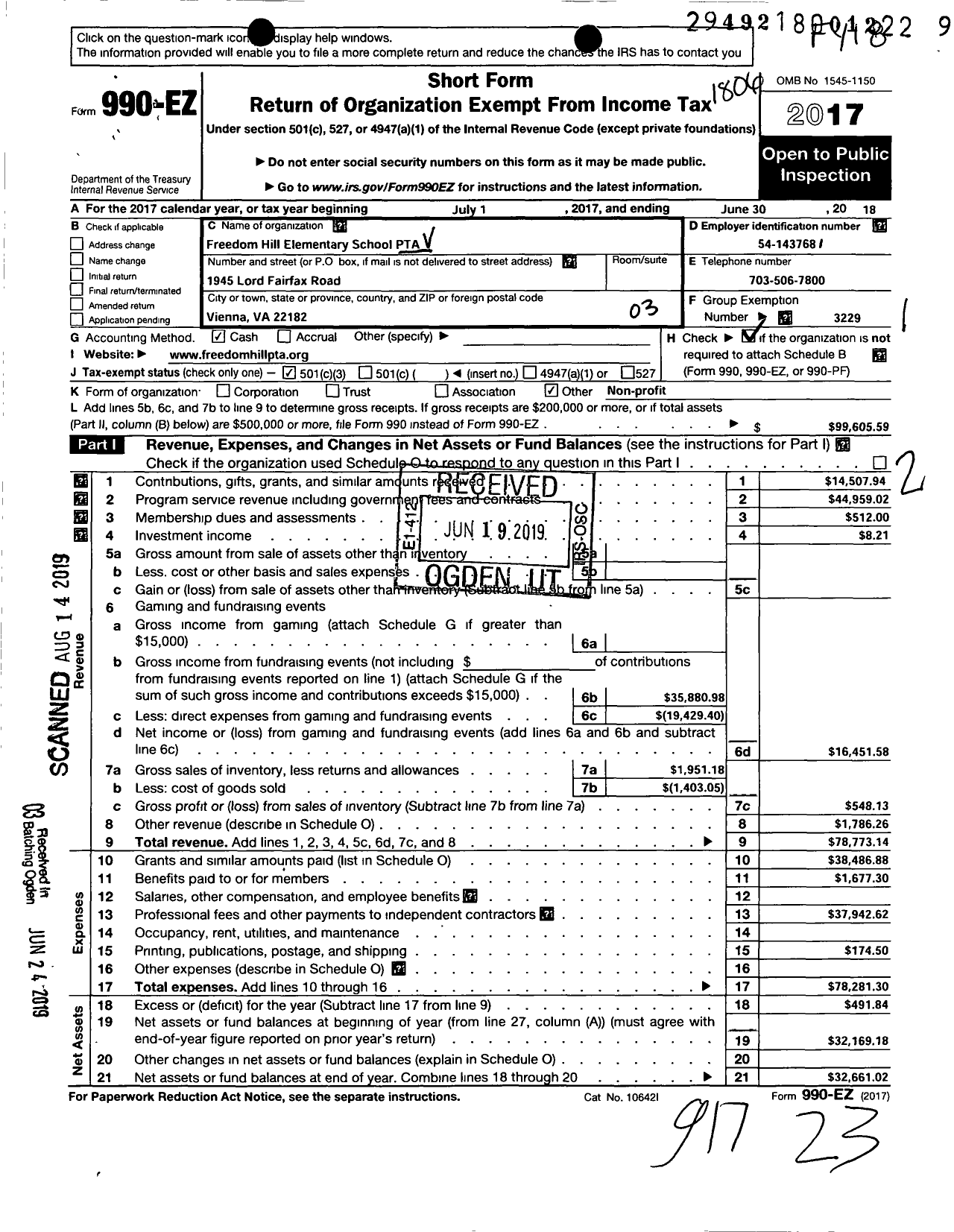 Image of first page of 2017 Form 990EZ for Virginia PTA - Freedom Hill Elem PTA