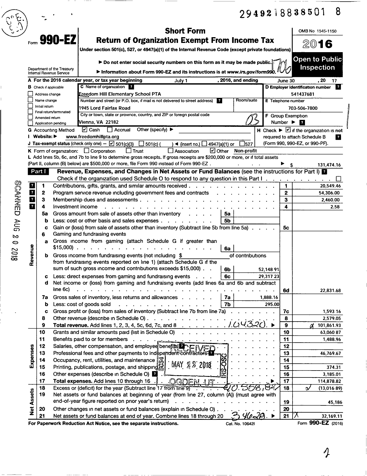 Image of first page of 2016 Form 990EZ for Virginia PTA - Freedom Hill Elem PTA