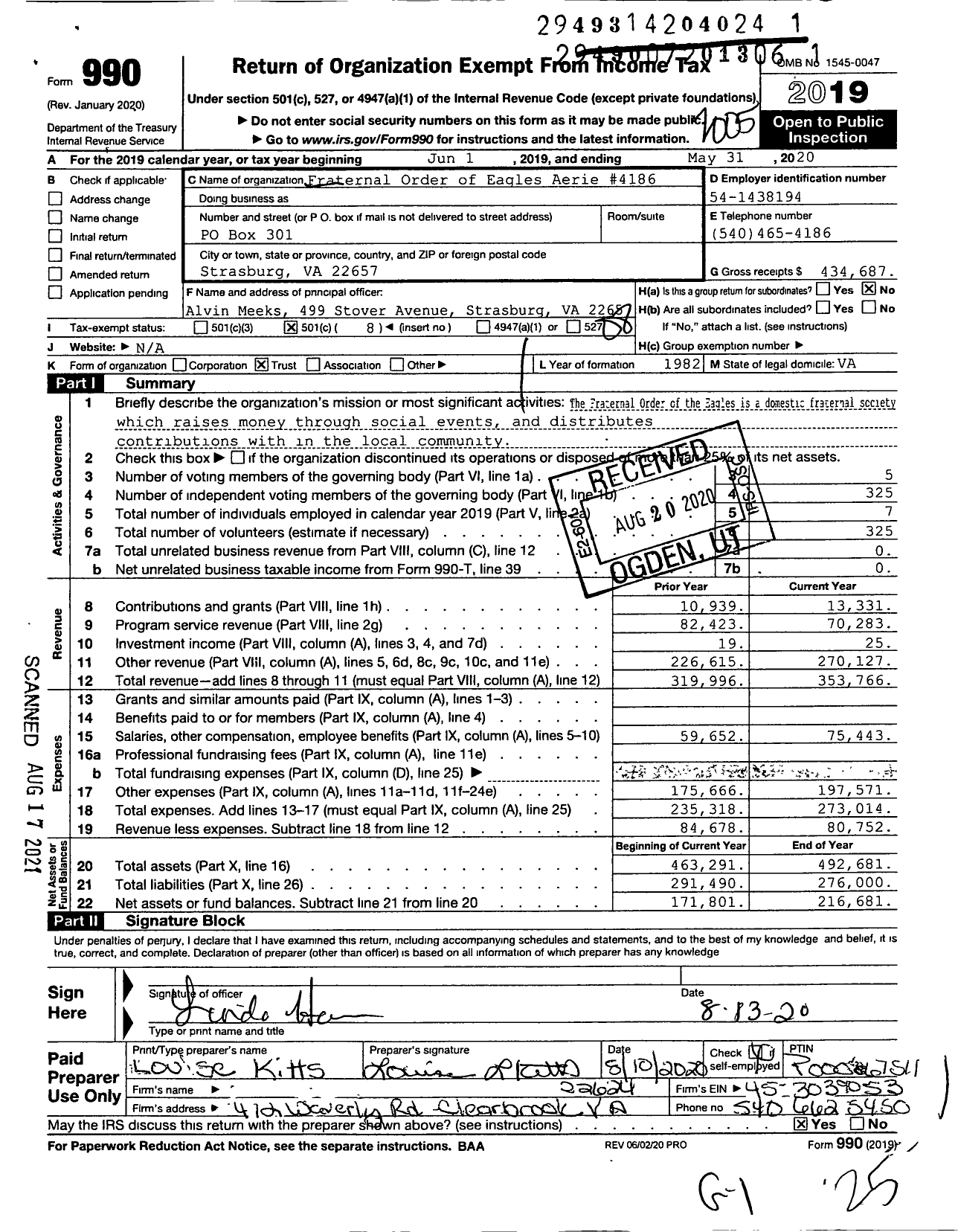 Image of first page of 2019 Form 990O for Fraternal Order of Eagles - 4186 Aerie