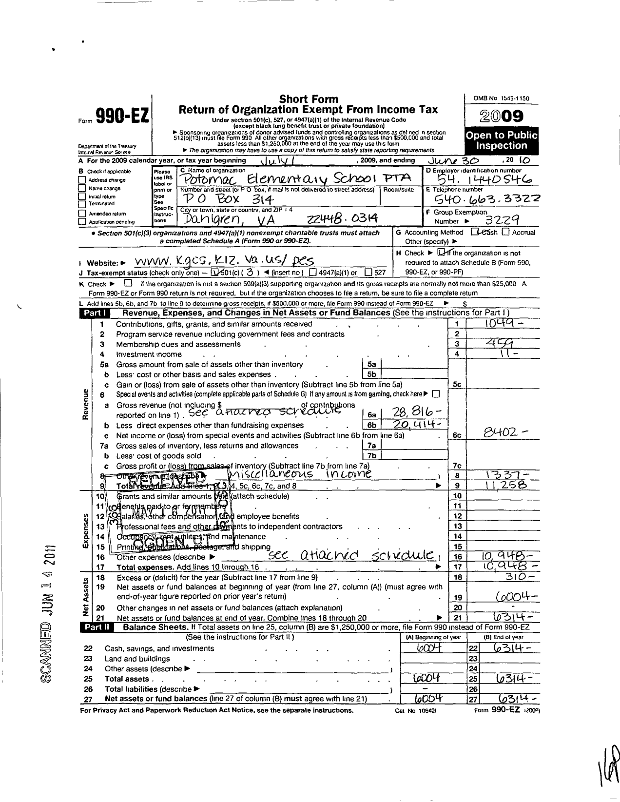 Image of first page of 2009 Form 990EZ for Virginia PTA - Potomac Elem PTA