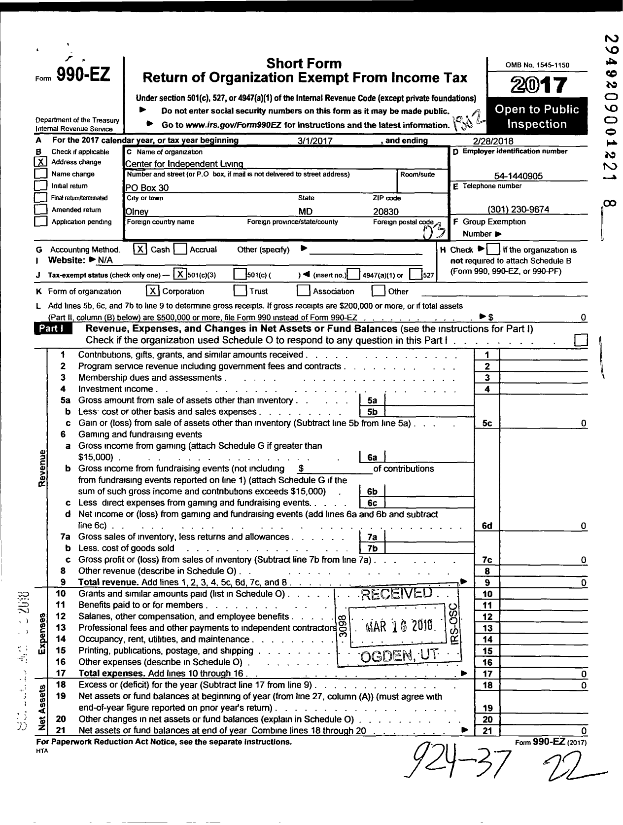 Image of first page of 2017 Form 990EZ for Center for Independent Living