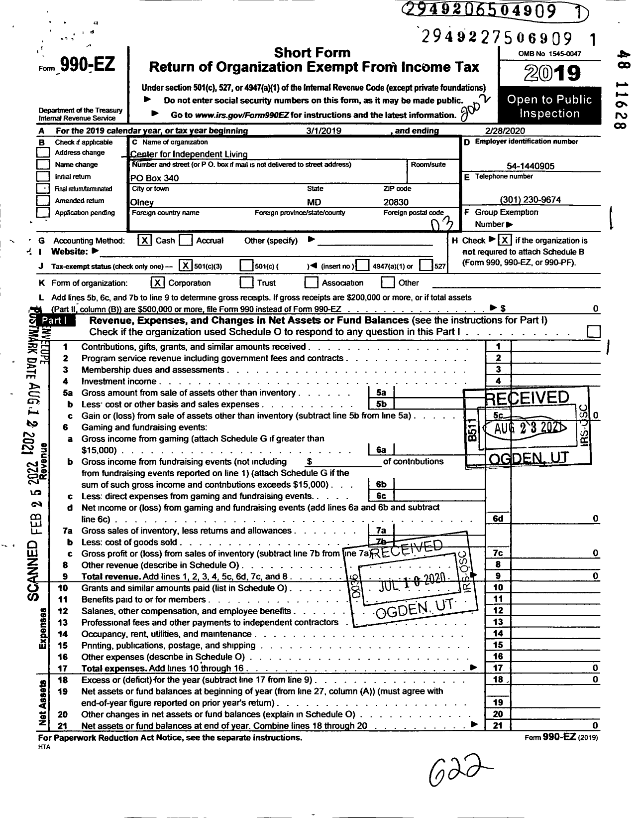 Image of first page of 2019 Form 990EZ for Center for Independent Living