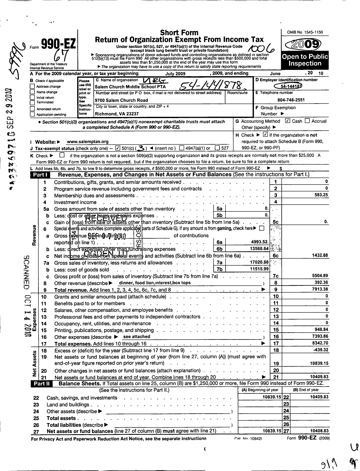 Image of first page of 2009 Form 990EZ for Virginia PTA - Salem Church Middle Ptsa