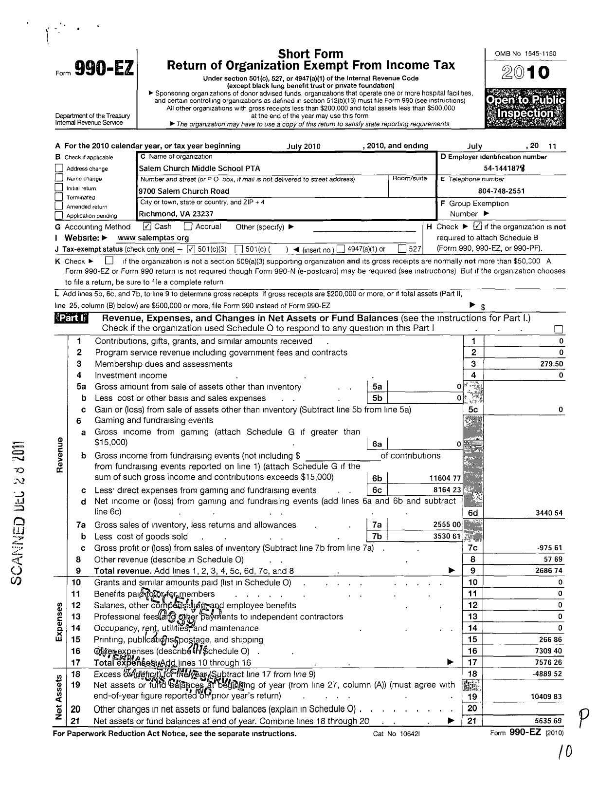 Image of first page of 2010 Form 990EZ for Virginia PTA - Salem Church Middle Ptsa