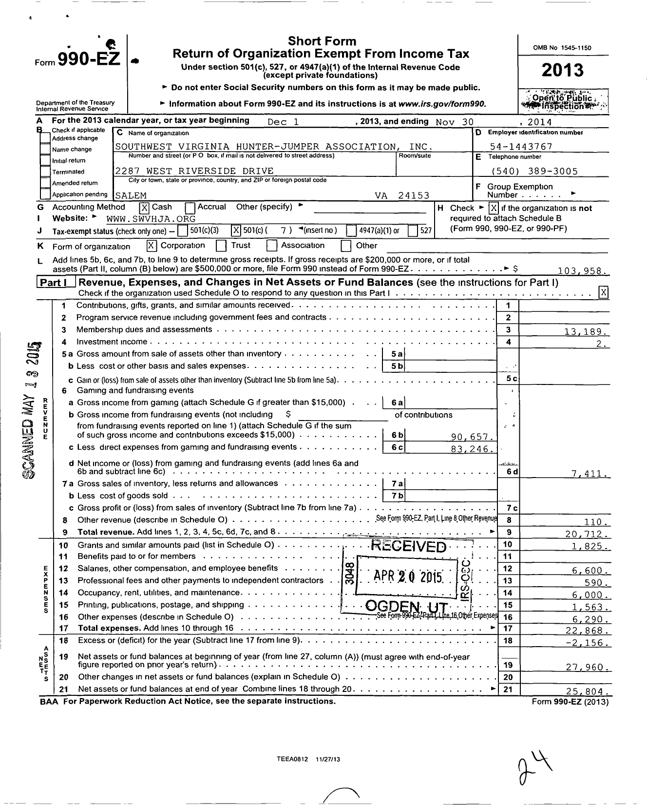 Image of first page of 2013 Form 990EO for Southwest Virginia Hunter-Jumper Association