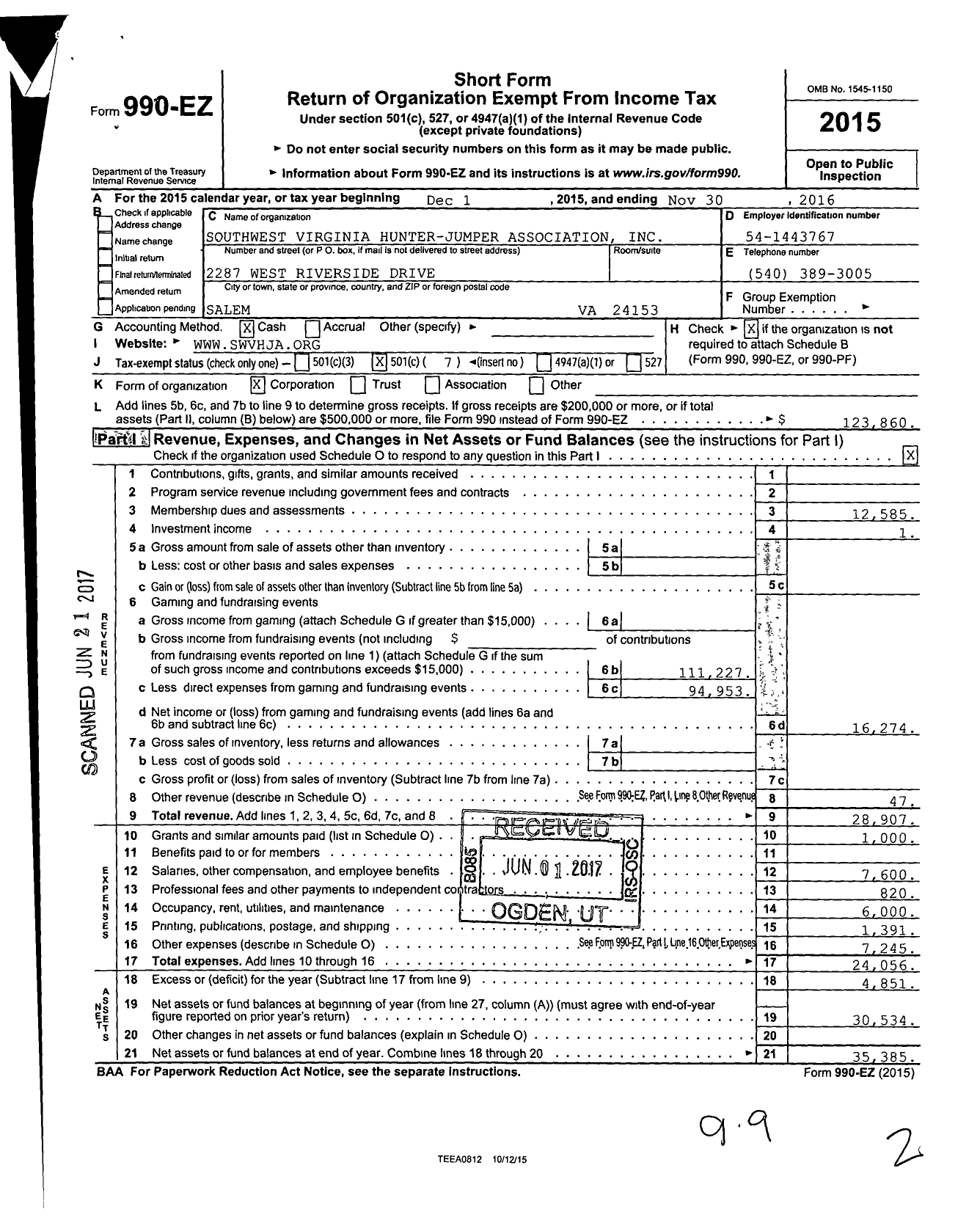 Image of first page of 2015 Form 990EO for Southwest Virginia Hunter-Jumper Association