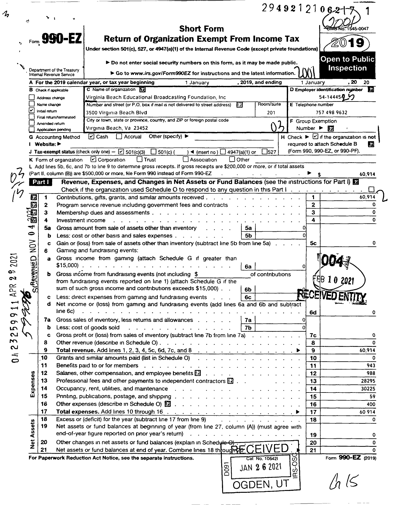 Image of first page of 2019 Form 990EZ for Virginia Beach Educational Broadcasting Foundation