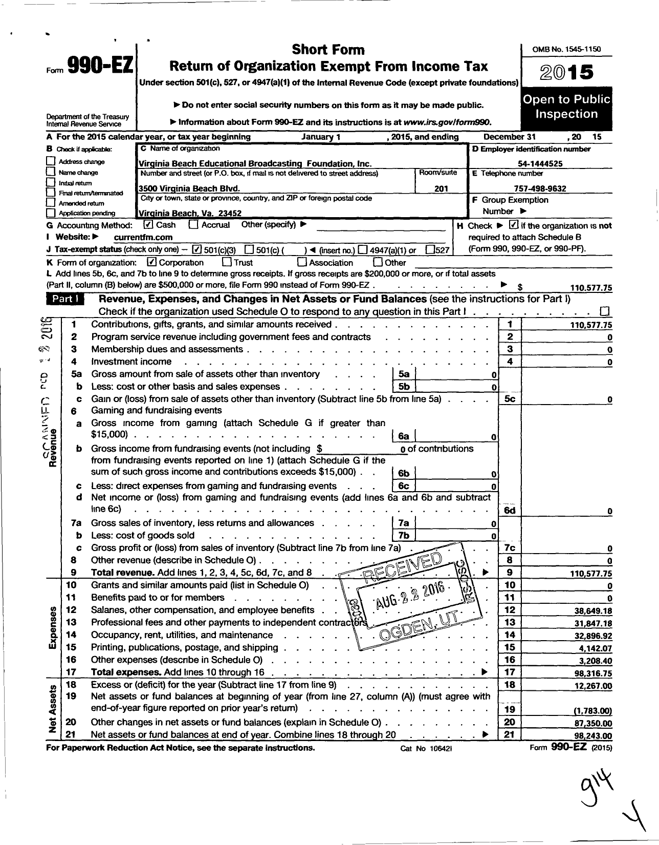 Image of first page of 2015 Form 990EZ for Virginia Beach Educational Broadcasting Foundation