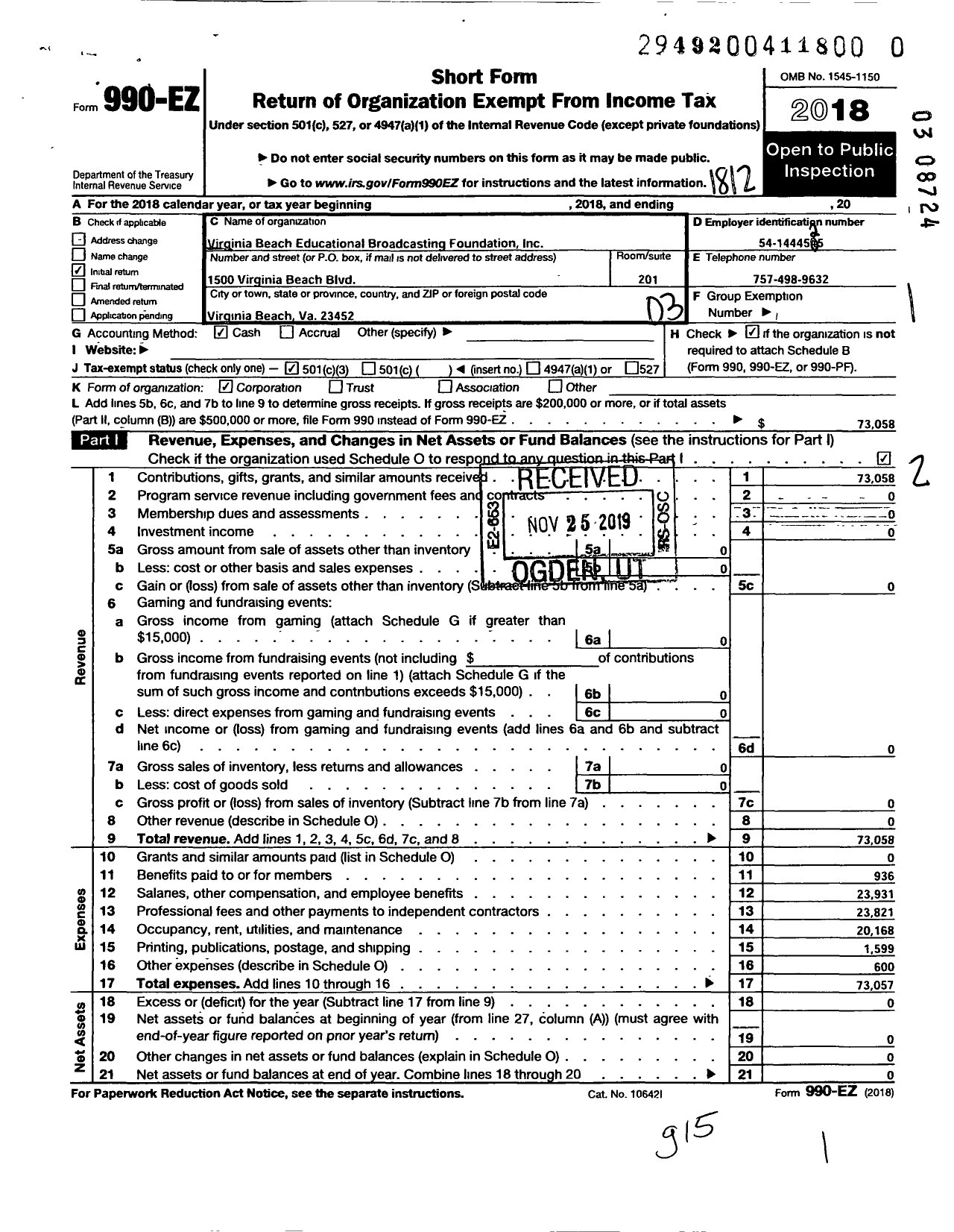 Image of first page of 2018 Form 990EZ for Virginia Beach Educational Broadcasting Foundation