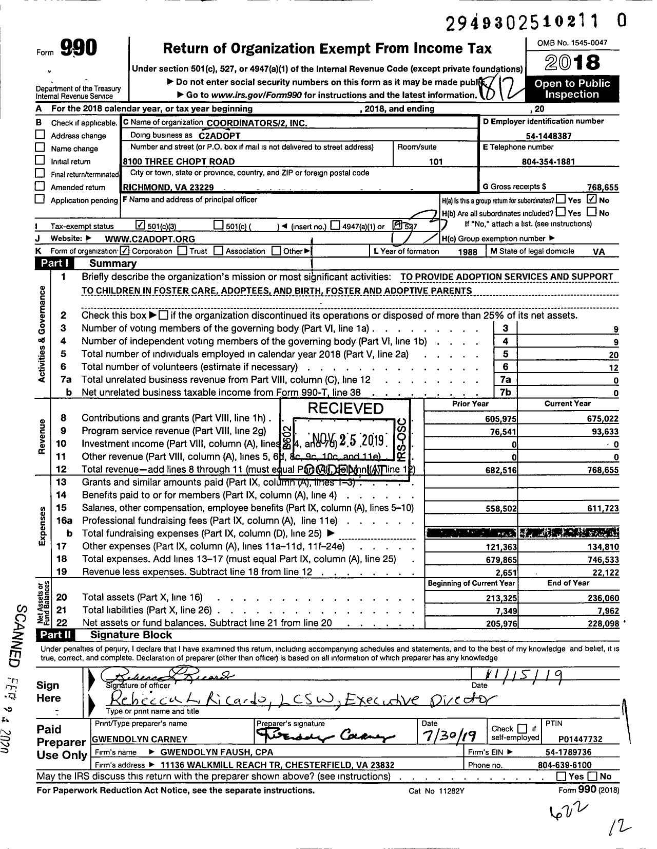 Image of first page of 2018 Form 990 for Coordinators2 C2adopt