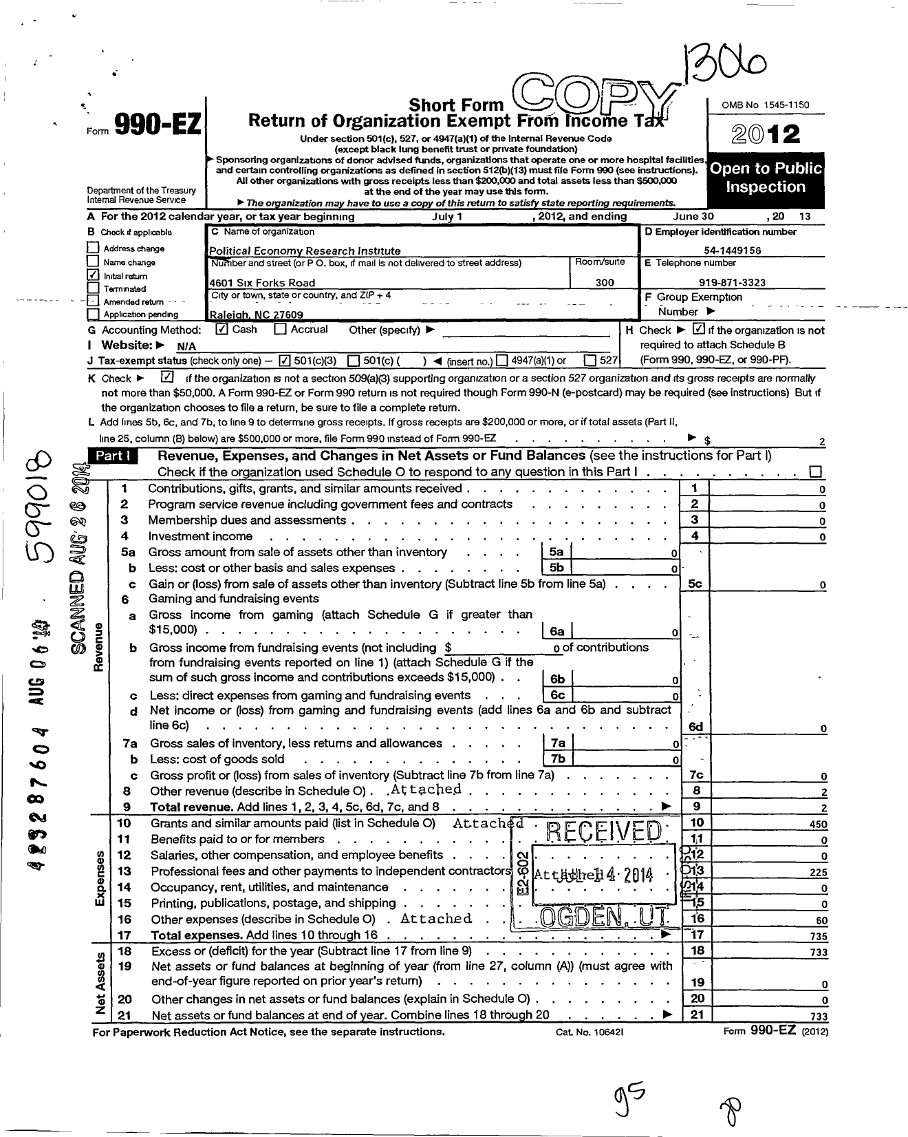 Image of first page of 2012 Form 990EZ for Classical Liberals in the Carolinas